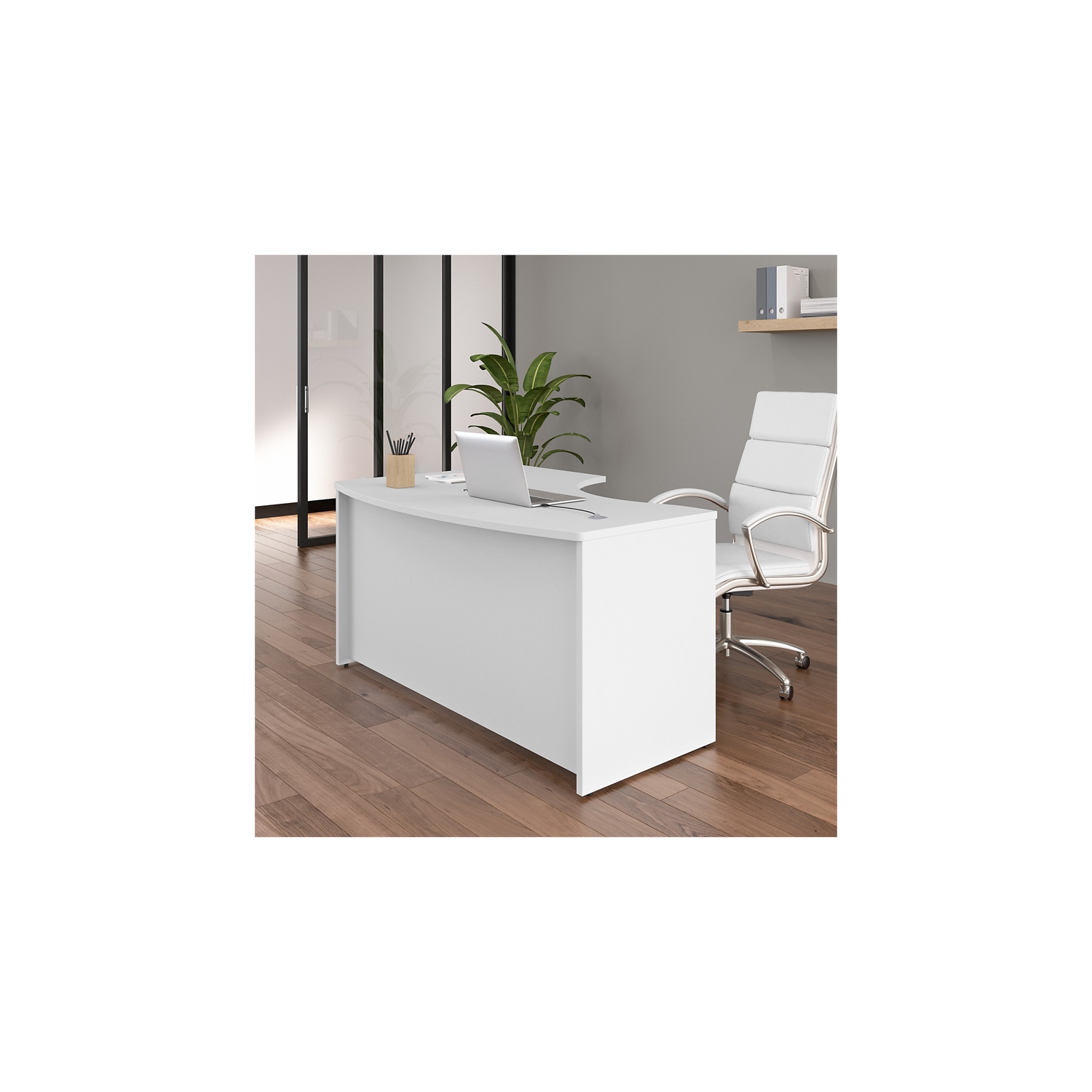 Coquille de bureau arquée en L côté droit de 60 larg. X 43 prof. de Studio C en blanc - bois d’ingénierie