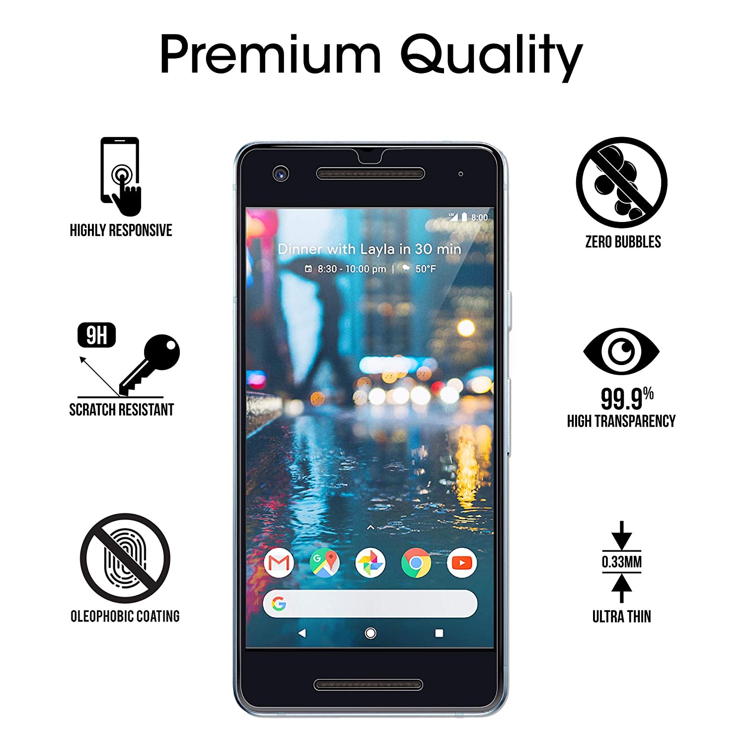 [PAQUET de 2] Protecteur d’écran en verre trempé noir pour Pixel 2 de Google - compatible avec les étuis