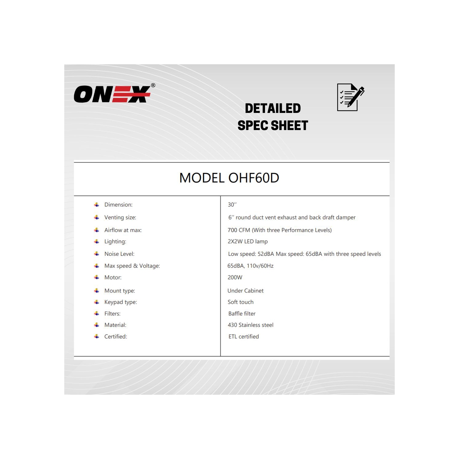 ONEX® 30" 700 CFM Hotte de cuisinière sous armoire en acier inoxydable #OHF60WH