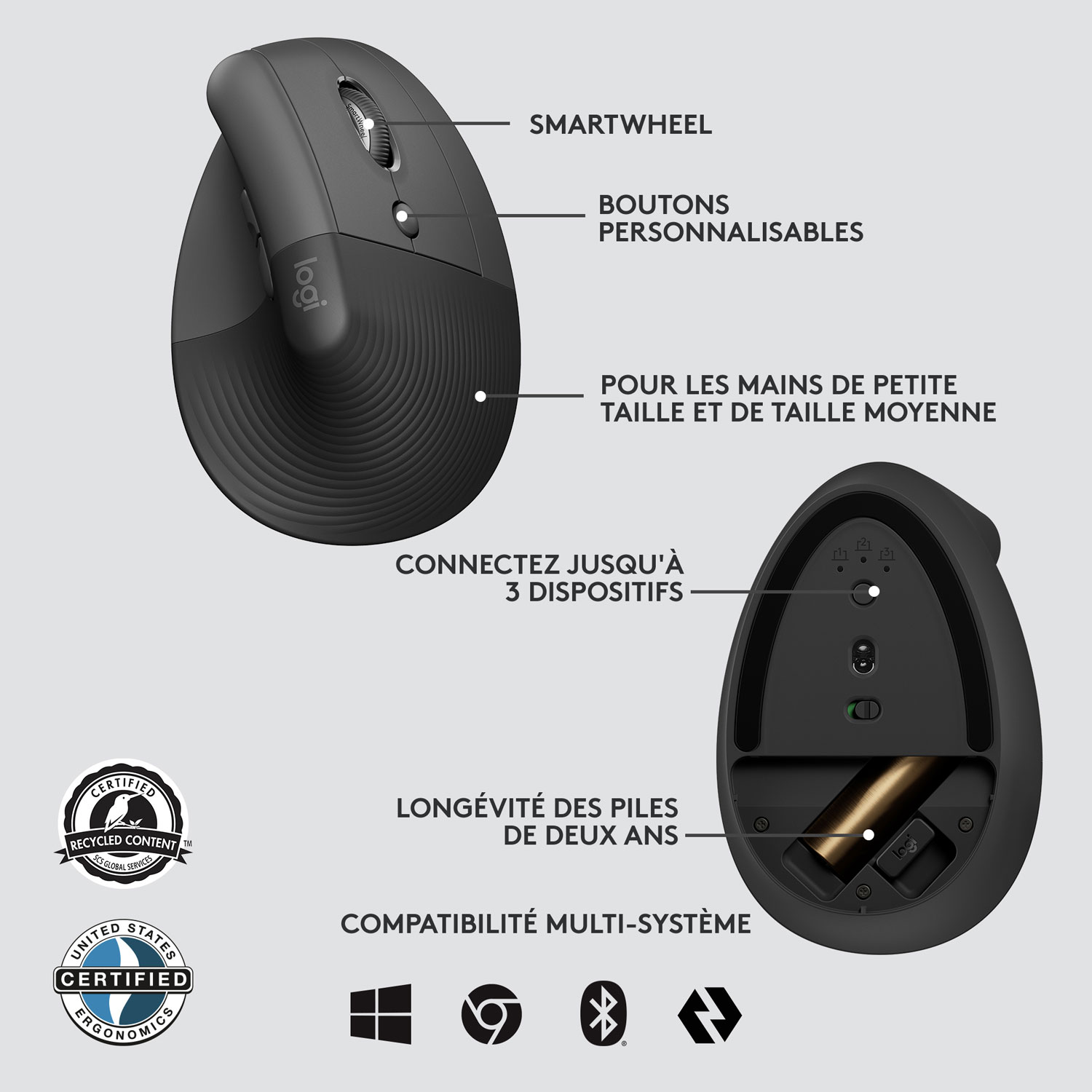 Souris Bluetooth verticale ergonomique Lift de Logitech - Graphite