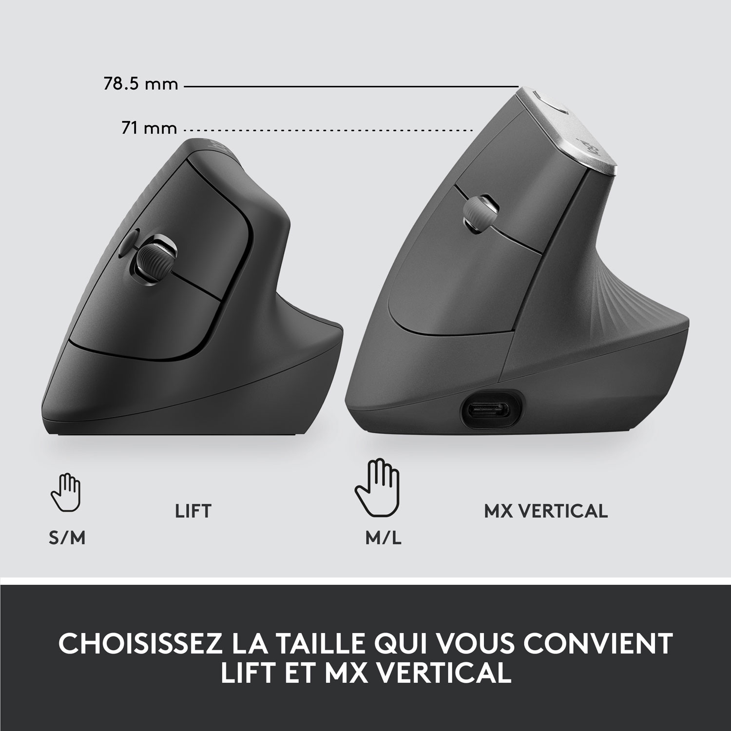 Souris Bluetooth verticale ergonomique Lift de Logitech - Graphite