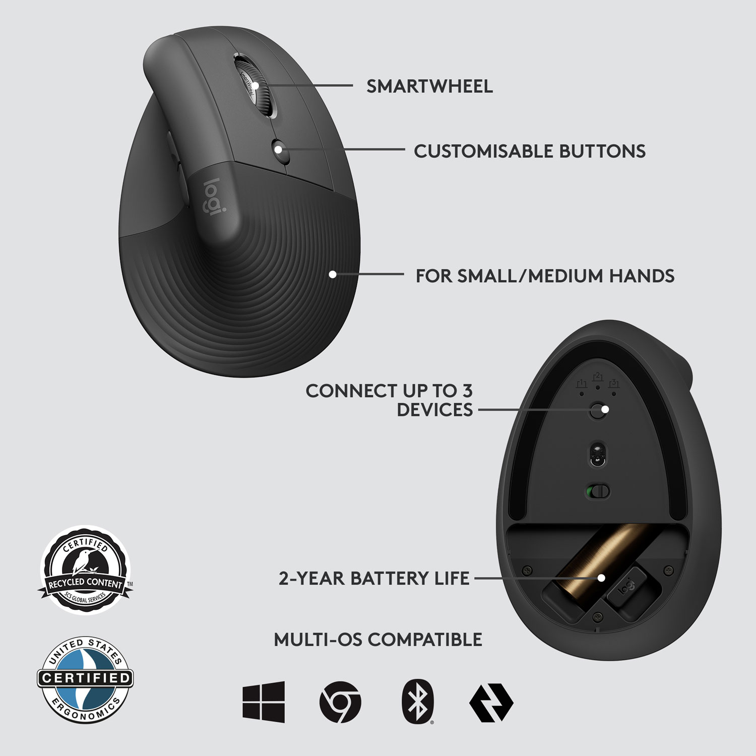 Souris Bluetooth verticale ergonomique Lift de Logitech - Graphite