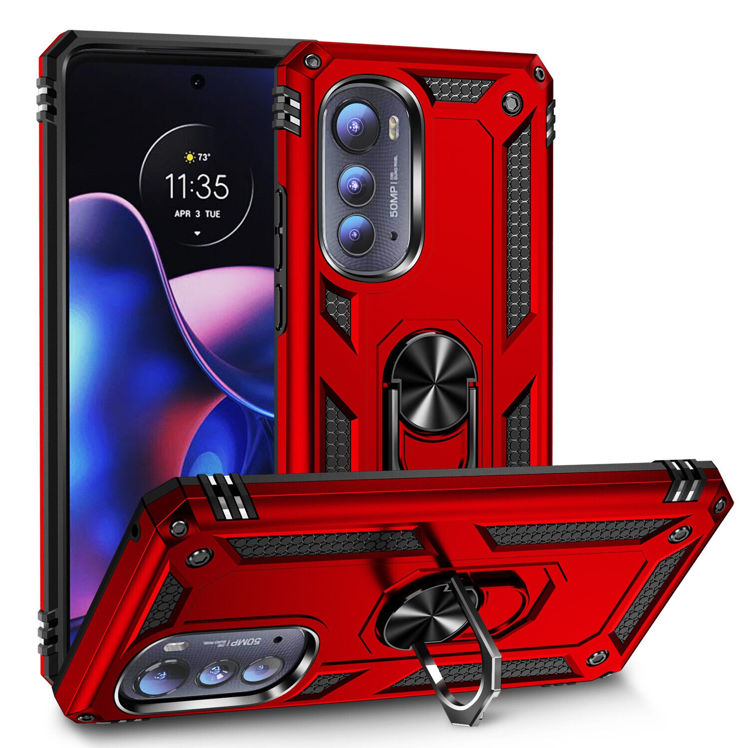 【CSmart】 Anti-Drop Hybrid Magnetic Hard Armor Case with Ring Holder for Motorola Moto Edge 2022, Red