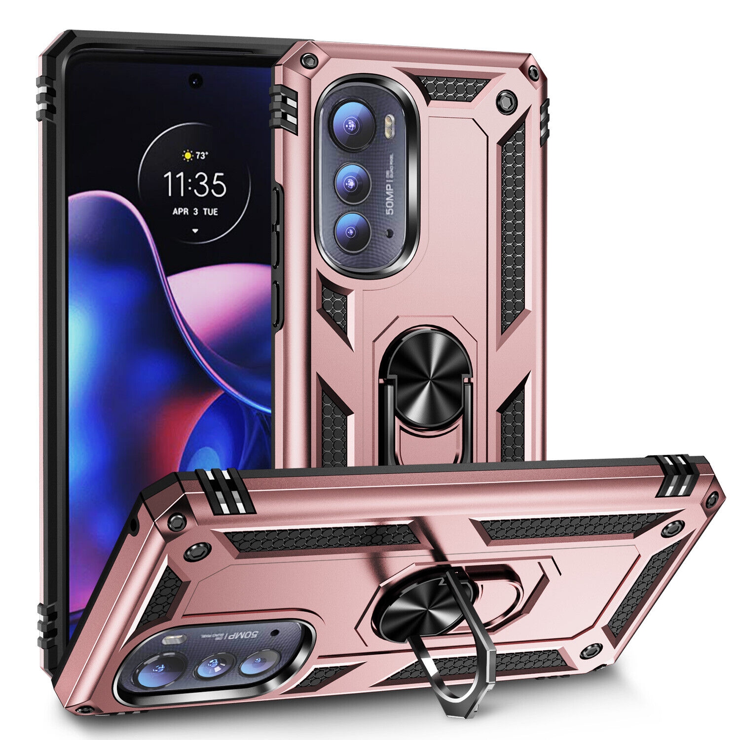 【CSmart】 Anti-Drop Hybrid Magnetic Hard Armor Case with Ring Holder for Motorola Moto Edge 2022, Rose Gold