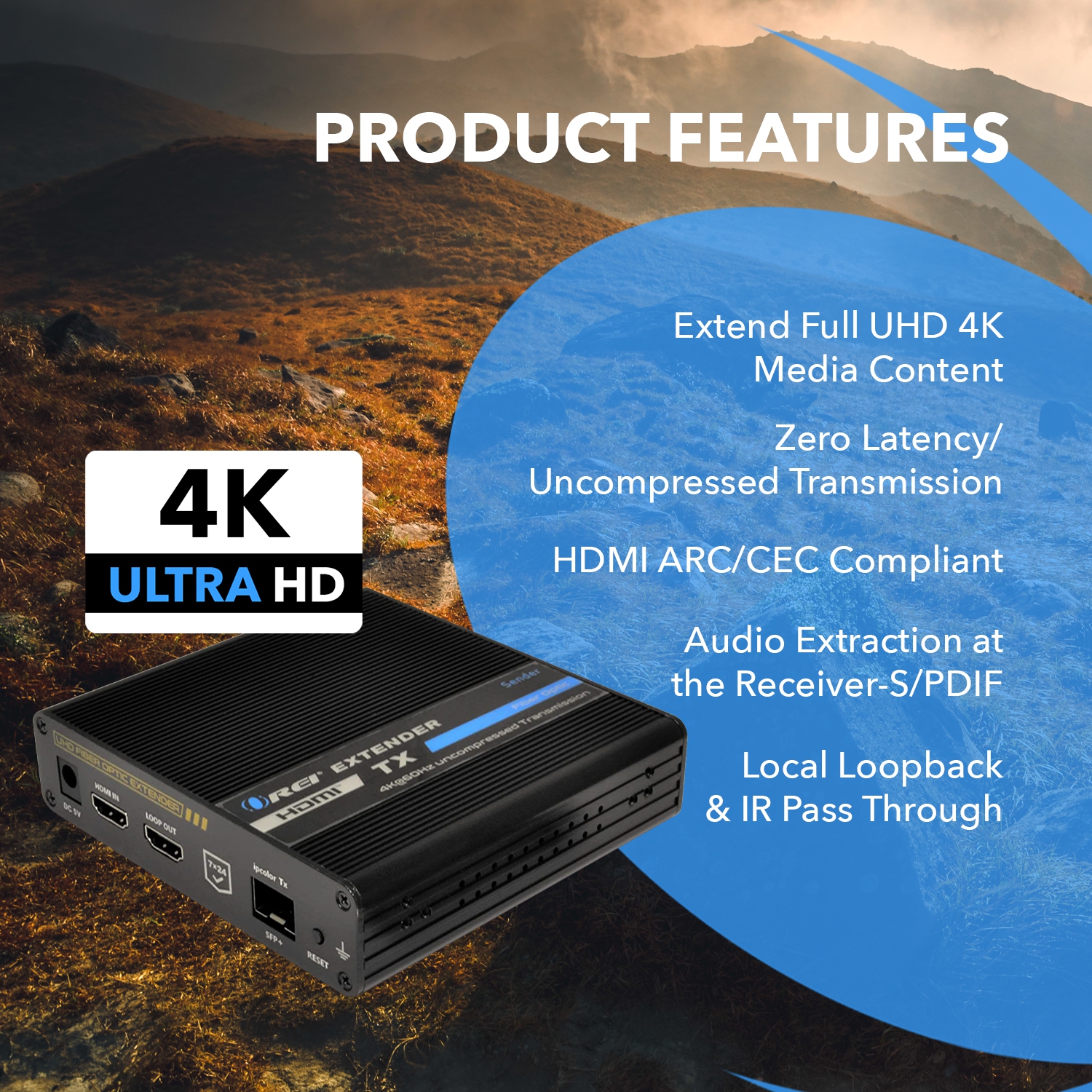 4K HDMI Extender Balun Over Fiber Optic Cable, HDR10, ARC & RS-232 Up to 40 KM - One to Many