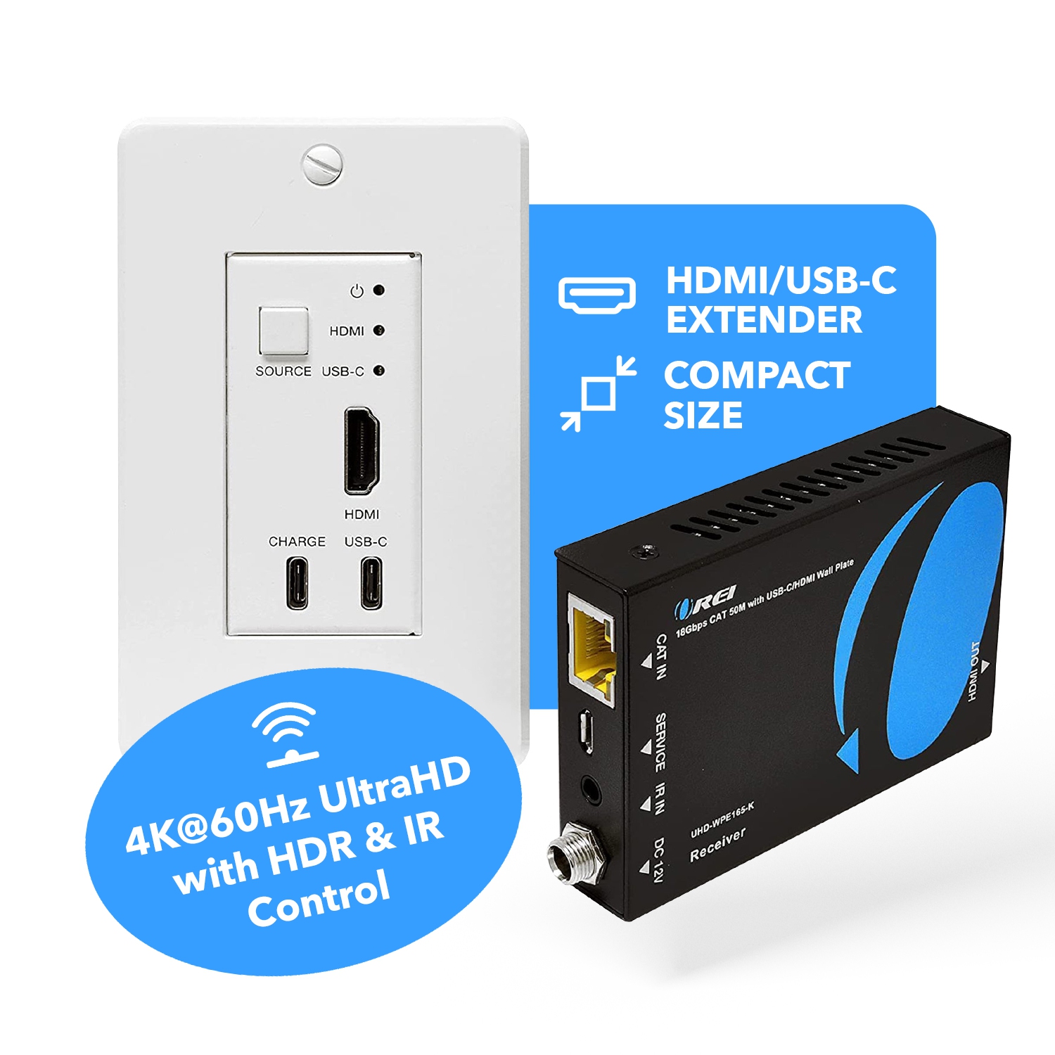 Prolongateur HDMI/USB-C 4K sur simple CAT6/7 avec émetteur plaque murale 4K à 60 Hz, HDR et contrôle infrarouge jusqu’à 165 pi
