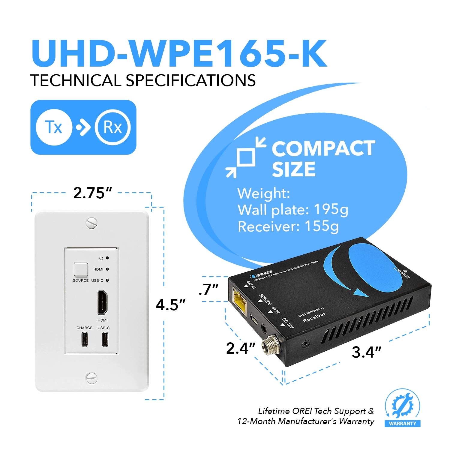 Prolongateur HDMI/USB-C 4K sur simple CAT6/7 avec émetteur plaque murale 4K à 60 Hz, HDR et contrôle infrarouge jusqu’à 165 pi