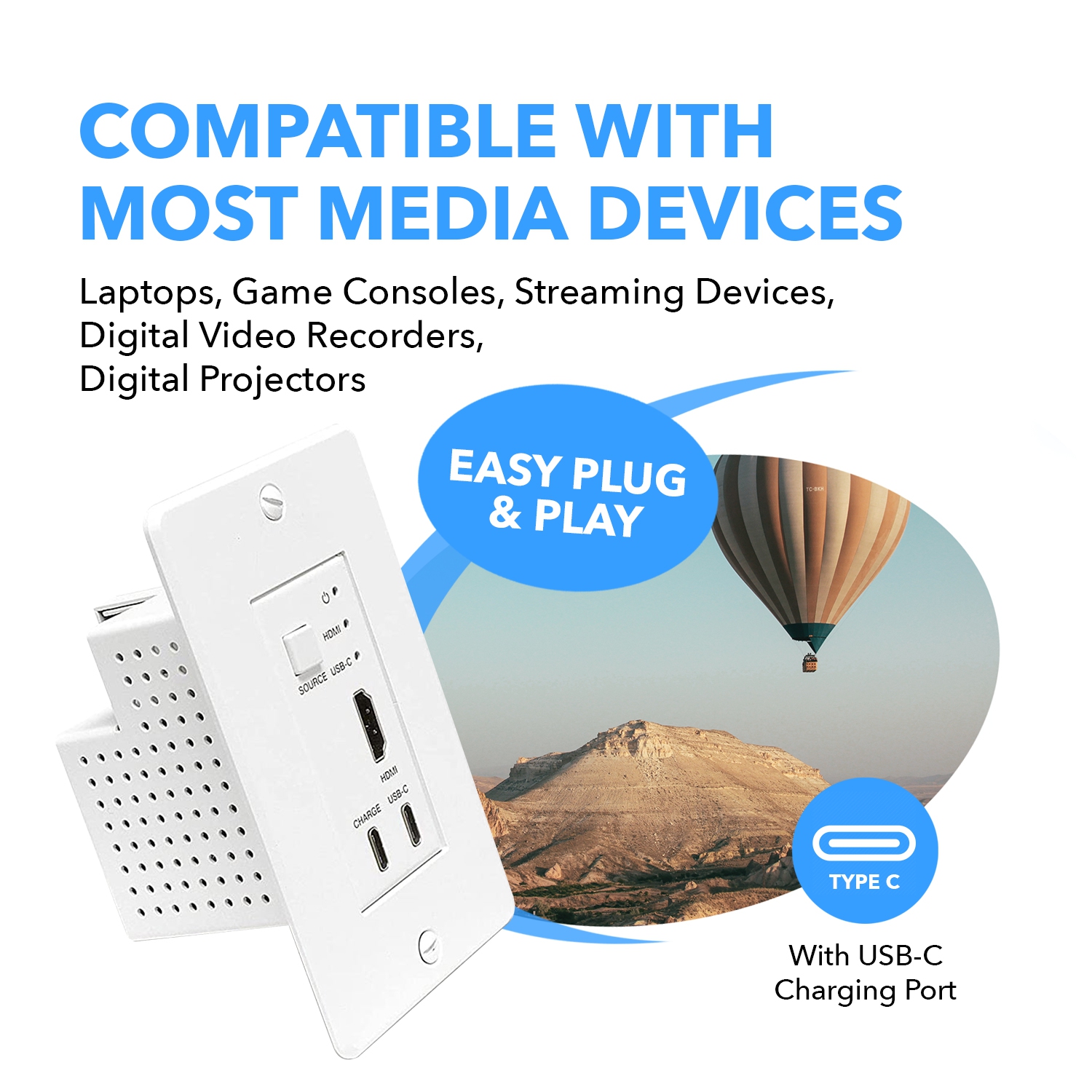 Prolongateur HDMI/USB-C 4K sur simple CAT6/7 avec émetteur plaque murale 4K à 60 Hz, HDR et contrôle infrarouge jusqu’à 165 pi