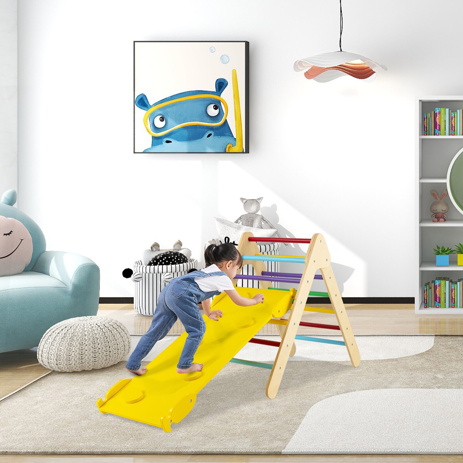 Gymax 3-in-1 Wooden Climbing Triangle Set Triangle Climber w/ Ramp