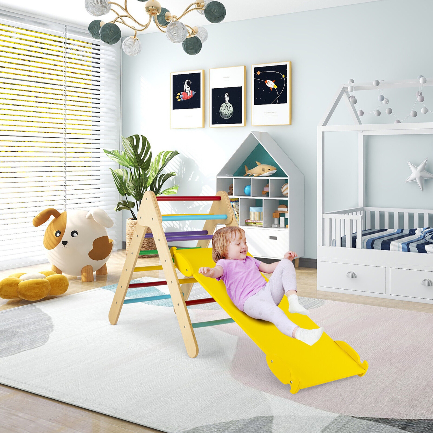 Gymax 3-in-1 Wooden Climbing Triangle Set Triangle Climber w/ Ramp