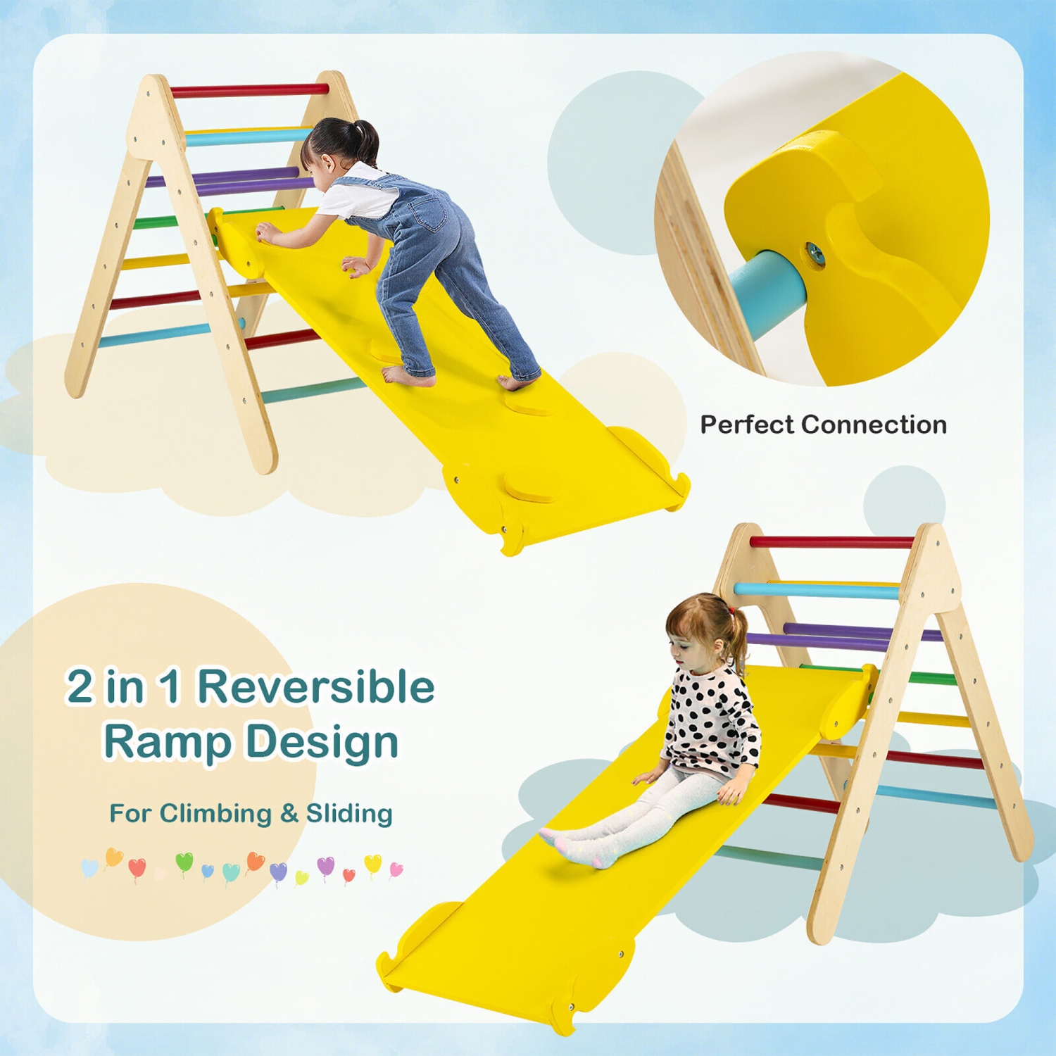 Gymax 3-in-1 Wooden Climbing Triangle Set Triangle Climber w/ Ramp