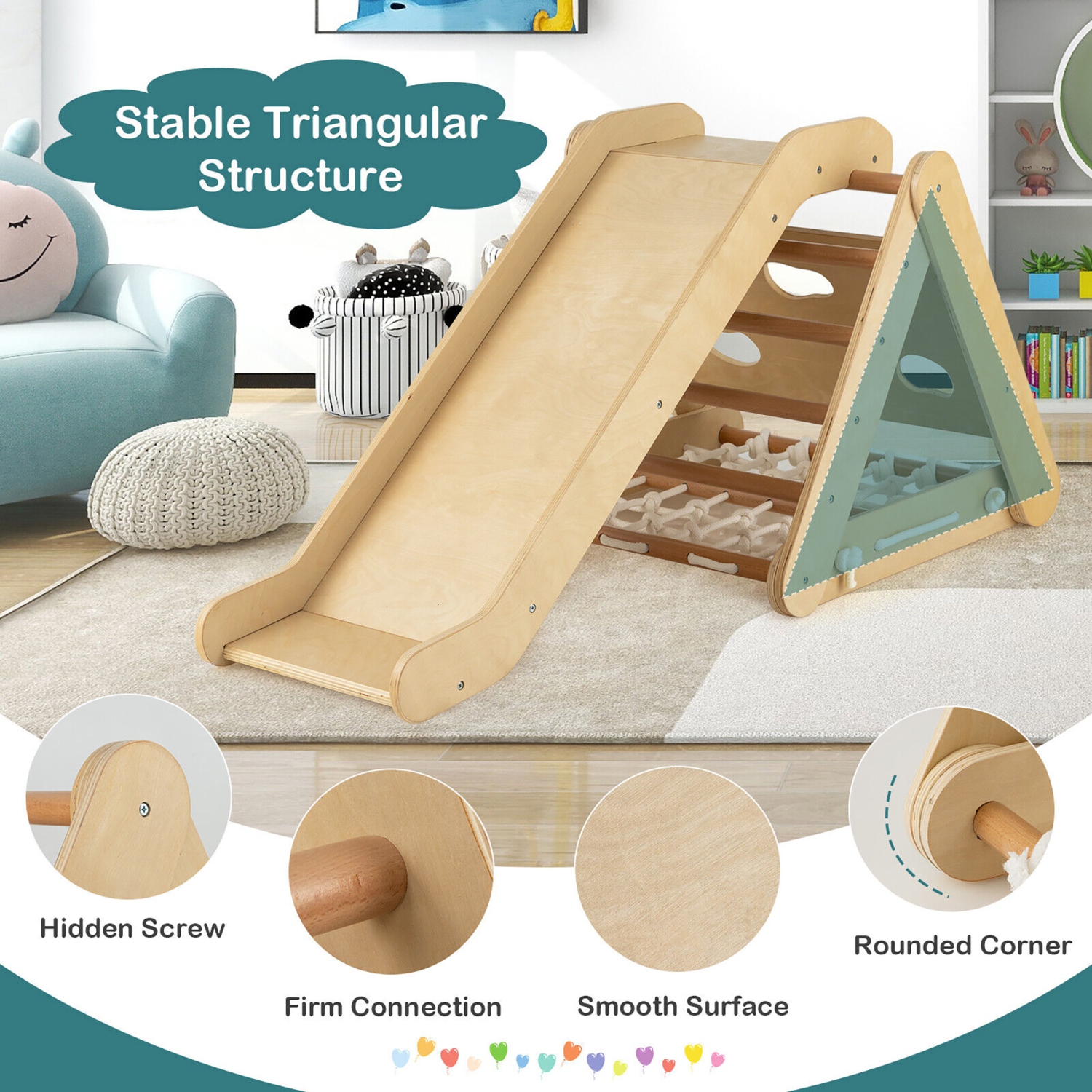 Gymax 4 in 1 Wooden Climbing Triangle Set Triangle Climber w/ Ramp