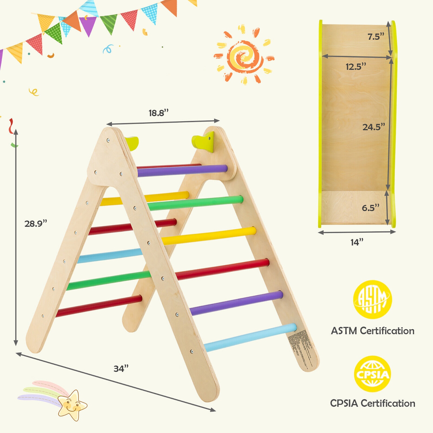 Gymax 2-in-1 Wooden Climbing Triangle Set Triangle Climber w/ Ramp