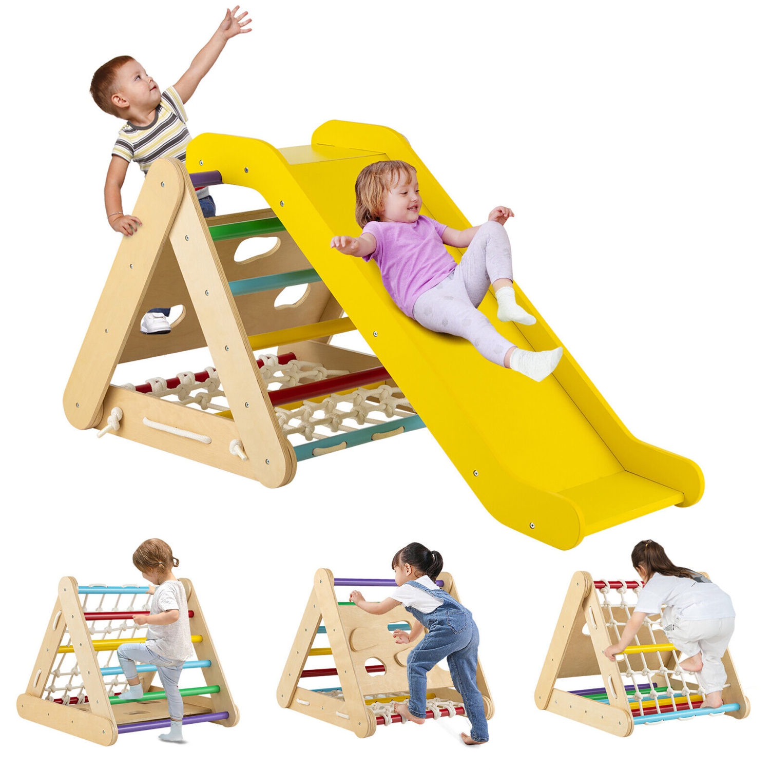 Gymax 4 in 1 Wooden Climbing Triangle Set Triangle Climber w/ Ramp