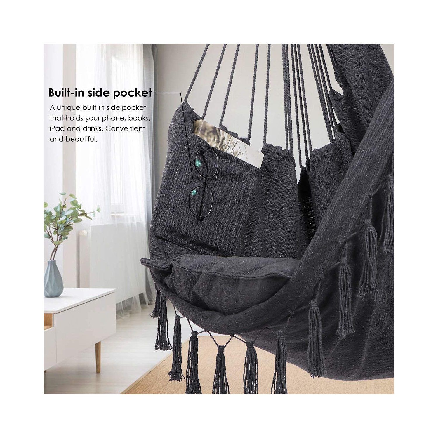 Toile de chaise pivotante avec hamac et 2 coussins de siège avec sac de transport