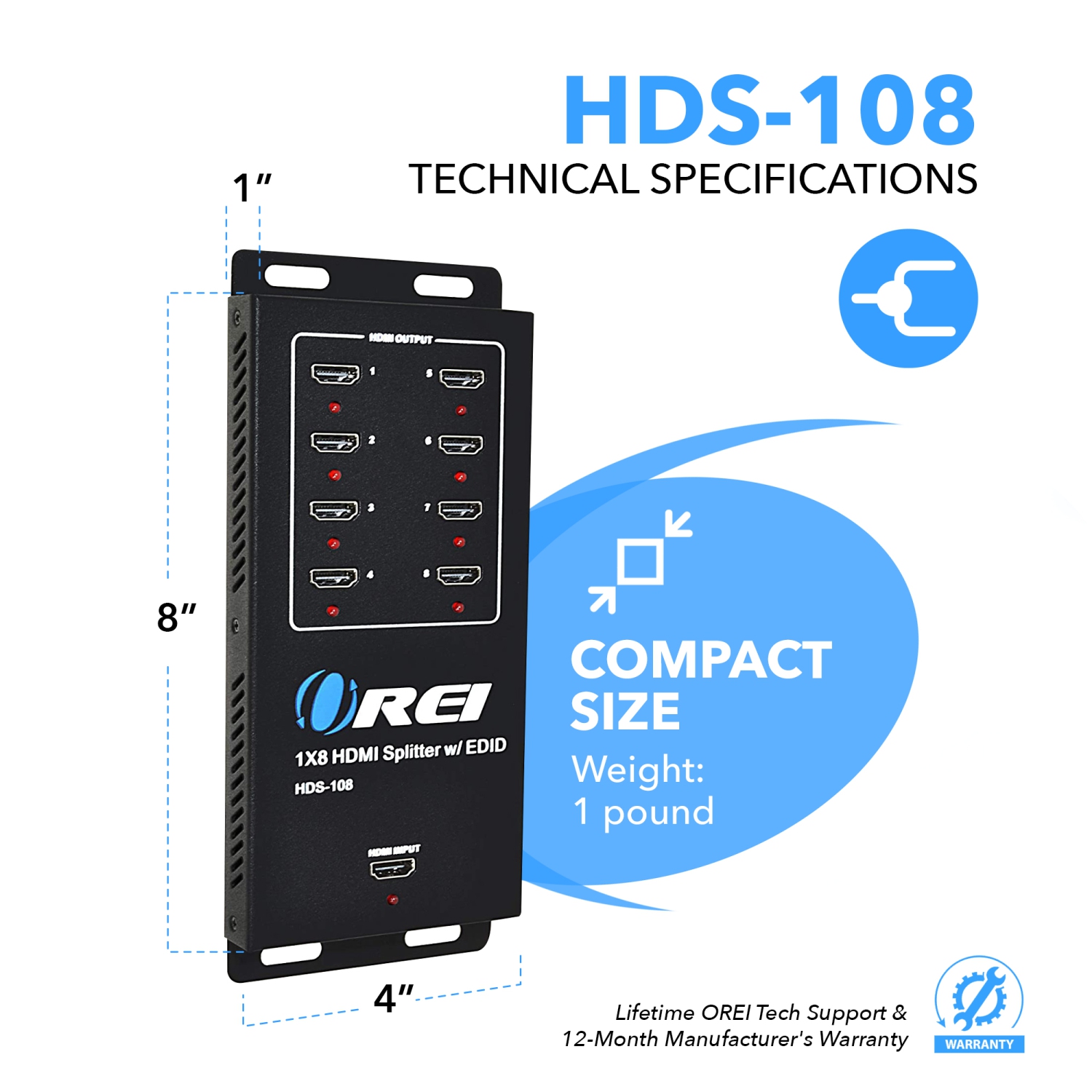 1x8 HDMI Splitter 4K @30Hz Powered - Supports 3D Full HD 1080P