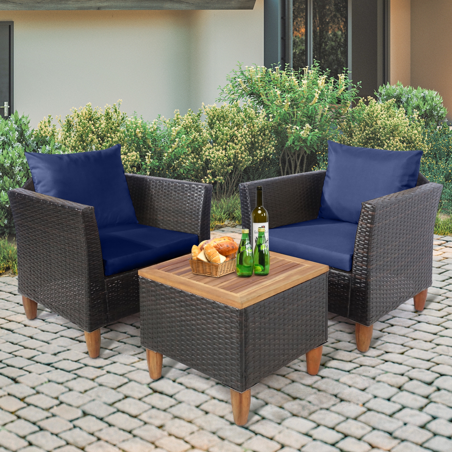 Patiojoy 3Pieces Outdoor Rattan Furniture Set Wicker Bistro Set Wooden Table Top with Cushions