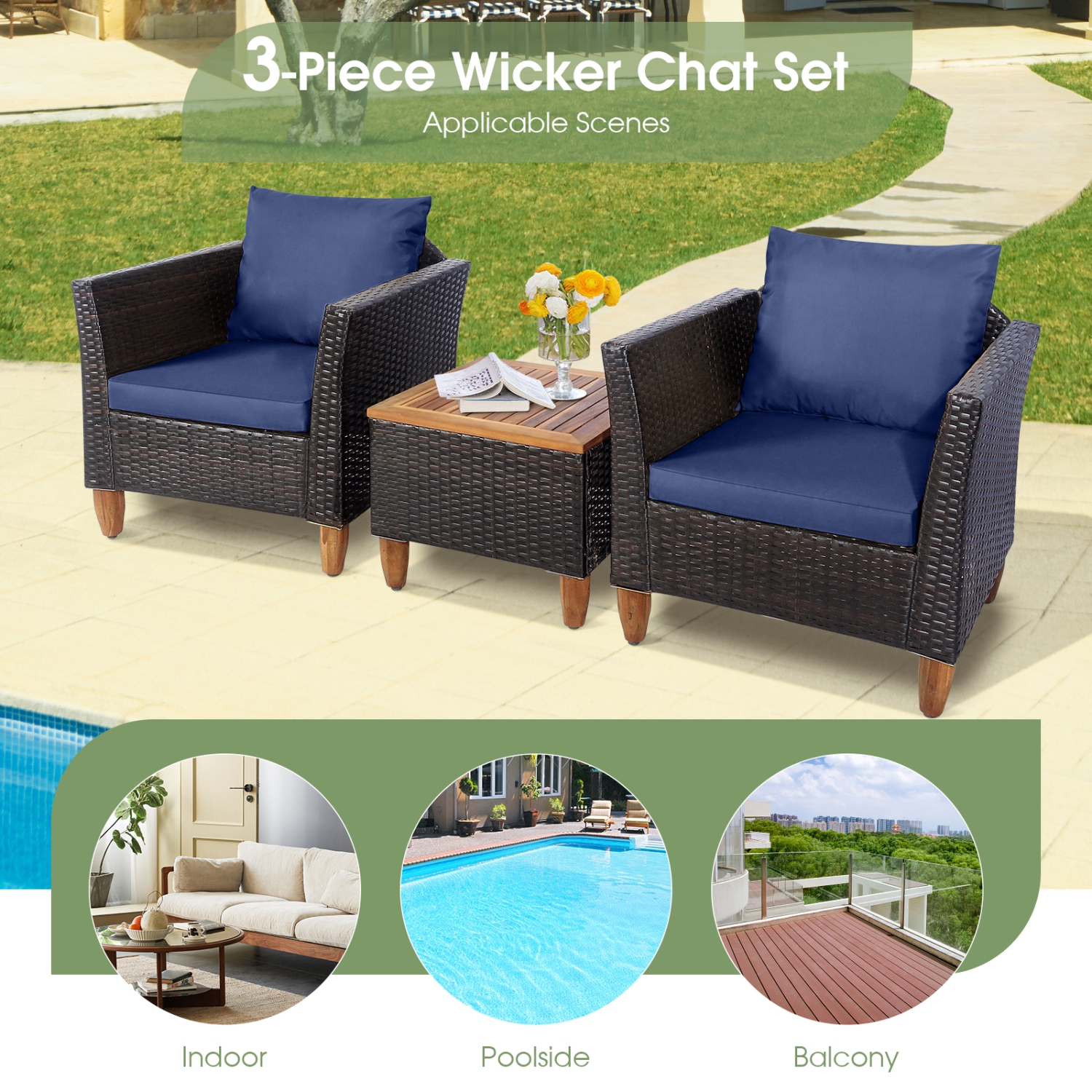 Patiojoy 3Pieces Outdoor Rattan Furniture Set Wicker Bistro Set Wooden Table Top with Cushions