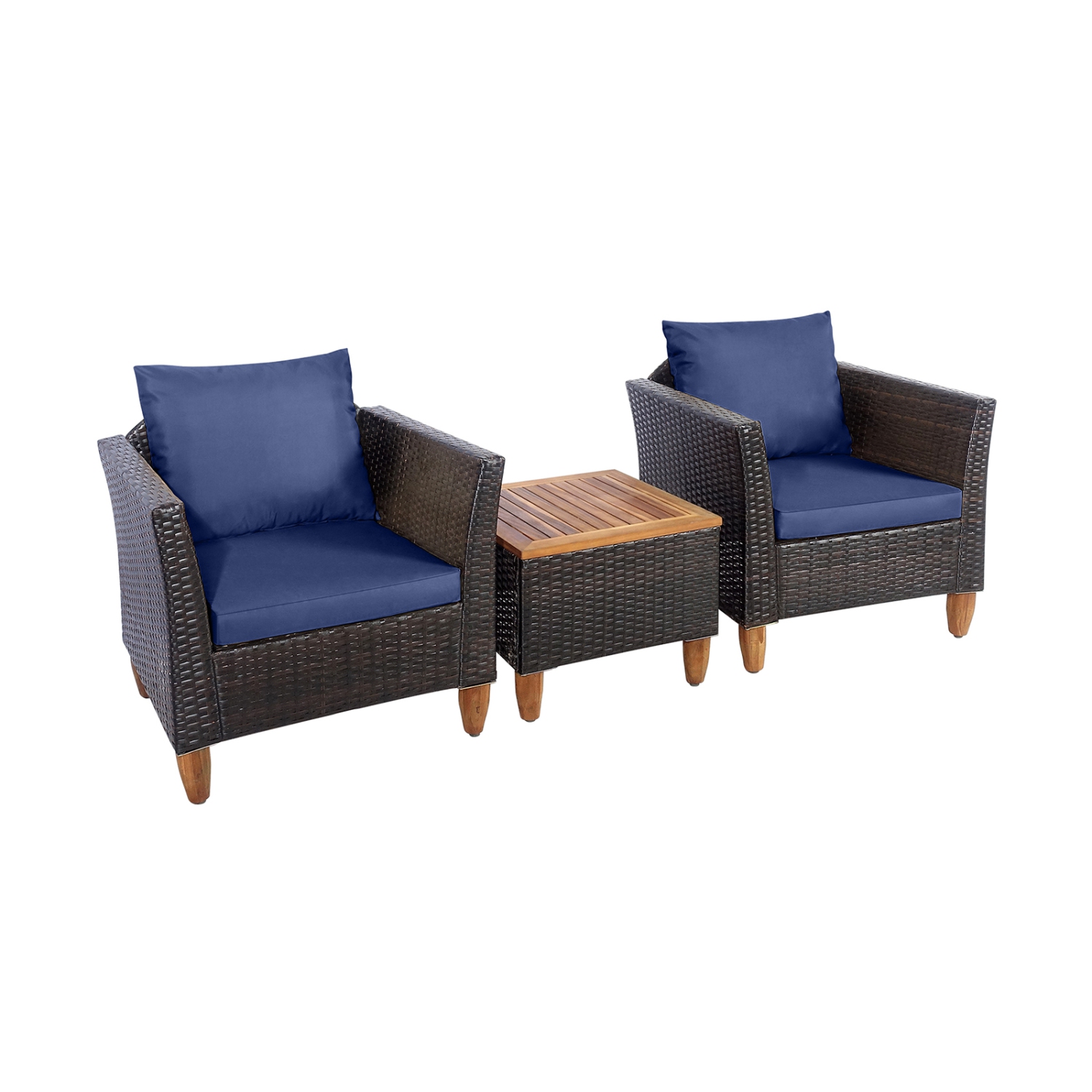 Patiojoy 3Pieces Outdoor Rattan Furniture Set Wicker Bistro Set Wooden Table Top with Cushions