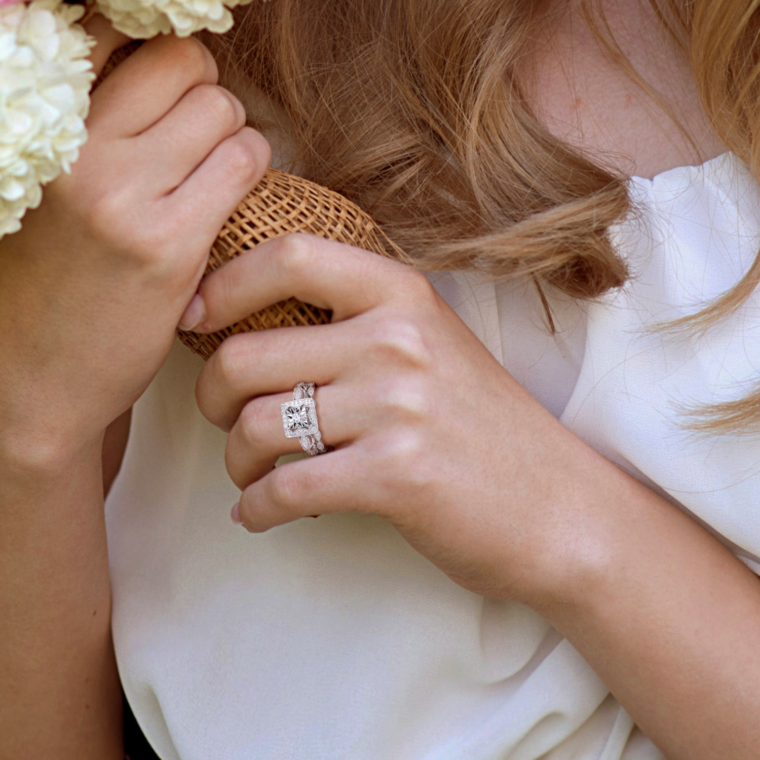 Amour 1/5 CT TW Diamond Halo Bridal Ring Set Silver - Size 7