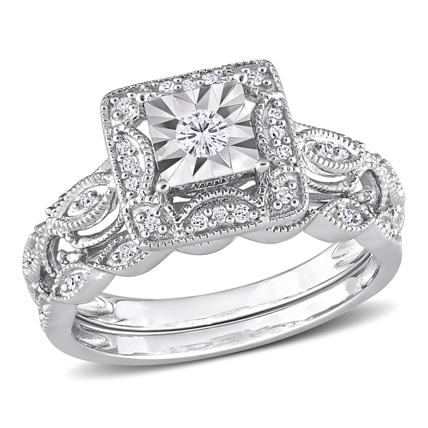 Amour 1/5 CT TW Diamond Halo Bridal Ring Set Silver - Size 8
