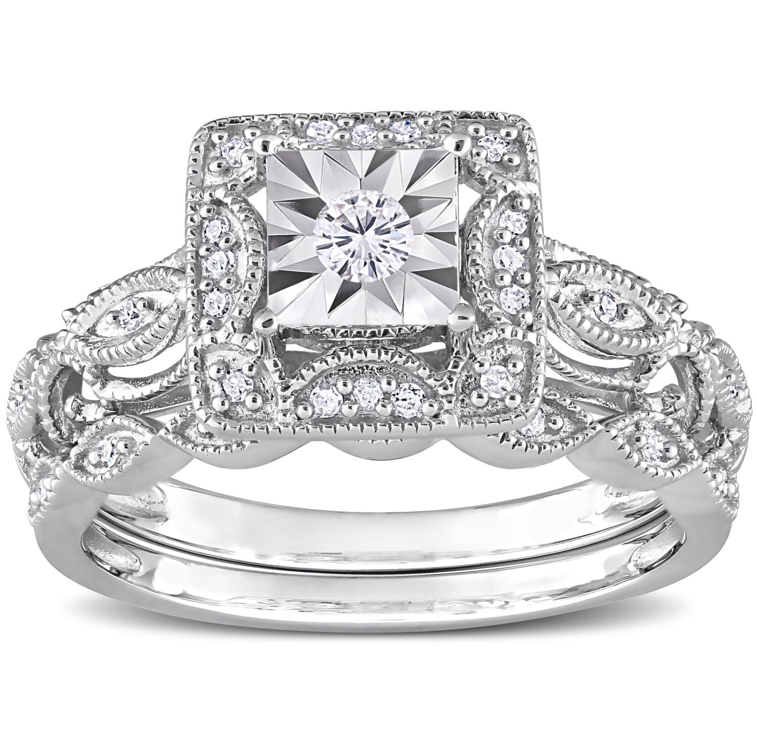 Amour 1/5 CT TW Diamond Halo Bridal Ring Set Silver - Size 8