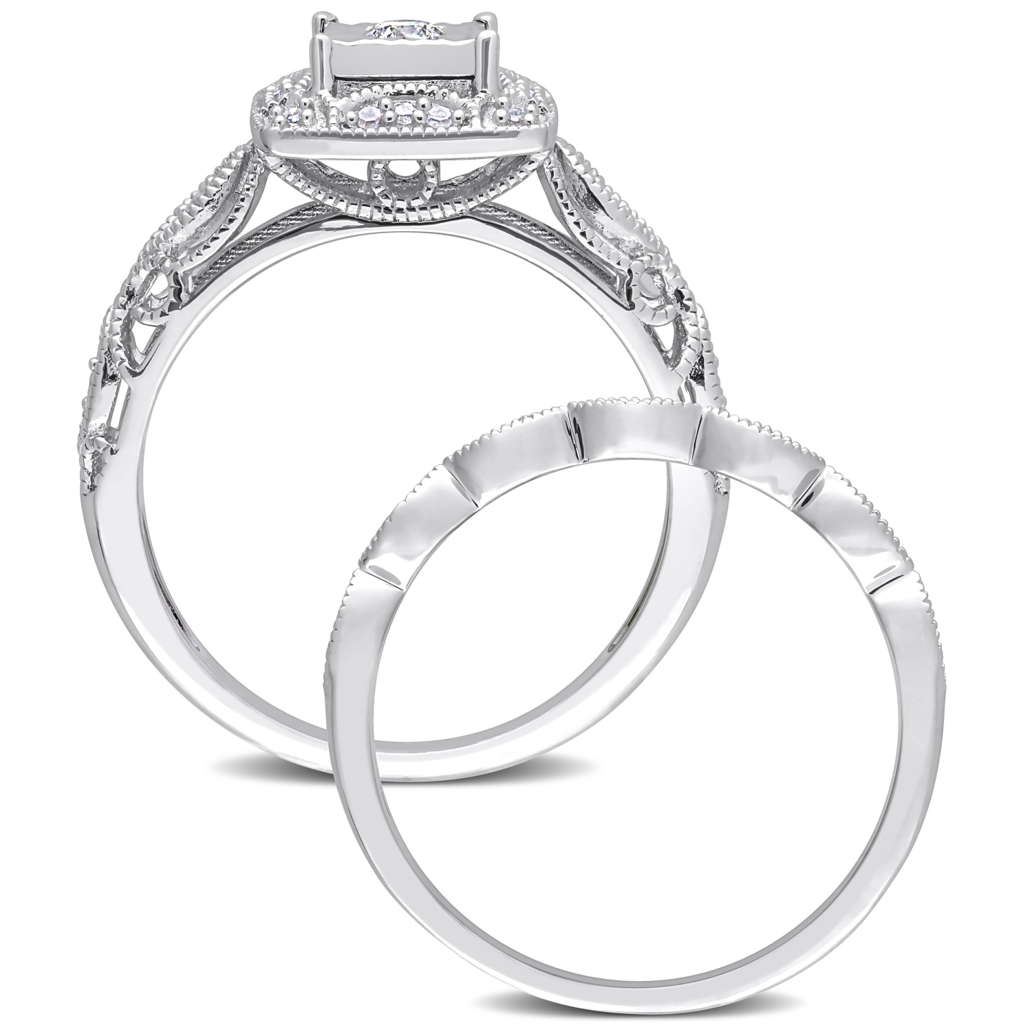 Amour 1/5 CT TW Diamond Halo Bridal Ring Set Silver - Size 8