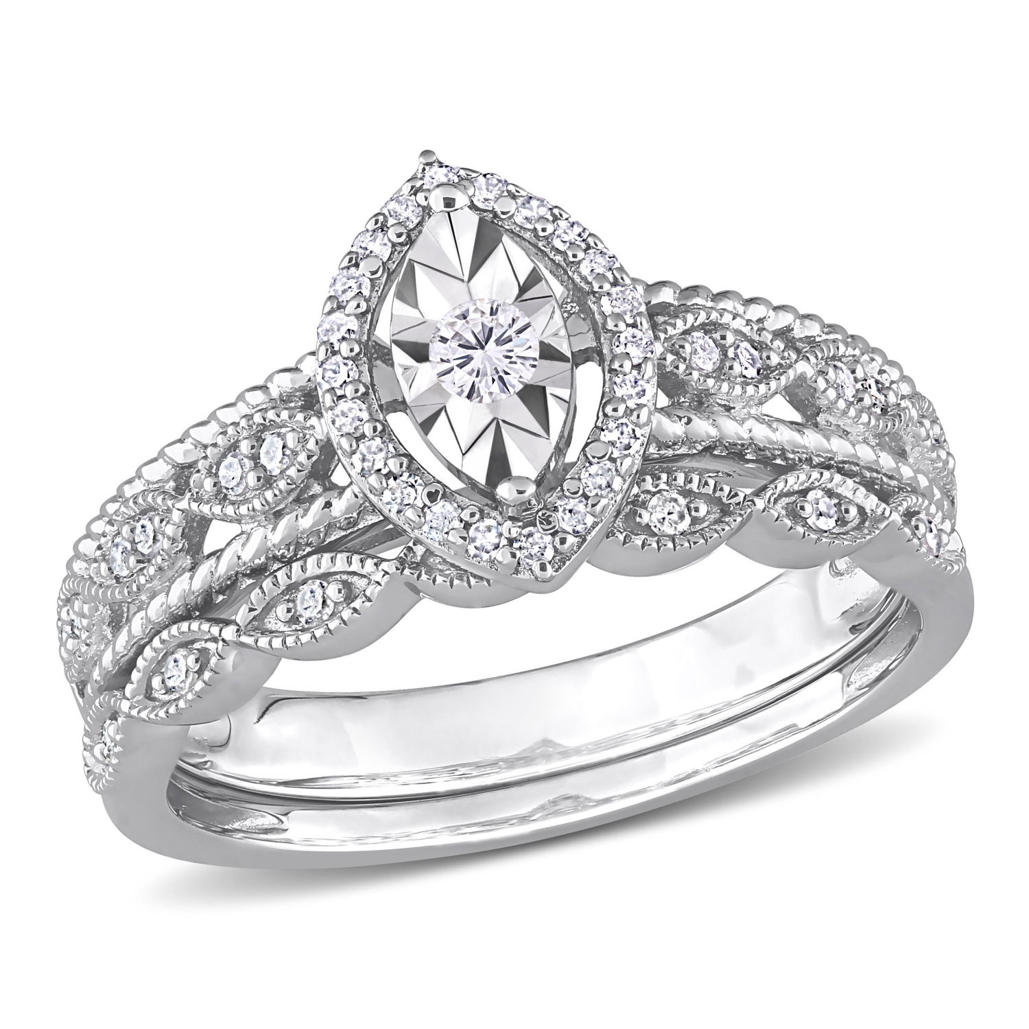 Amour 1/5 CT TW Diamond Halo Bridal Ring Set Silver - Size 7