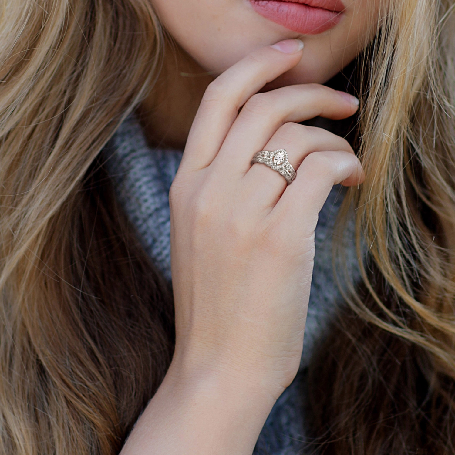 Amour 1/5 CT TW Ensemble de Bague de Mariée Halo de Diamants en Argent