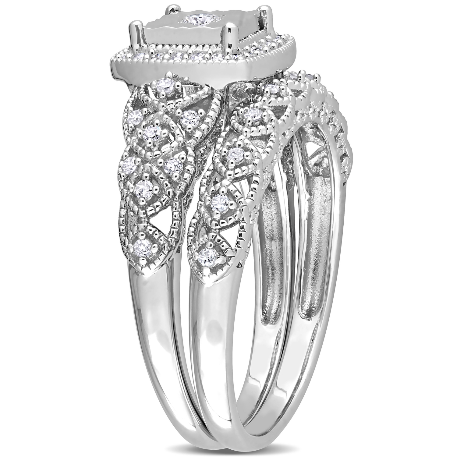 Amour 1/3 CT TW Diamond Halo Bridal Ring Set Silver - Size 6