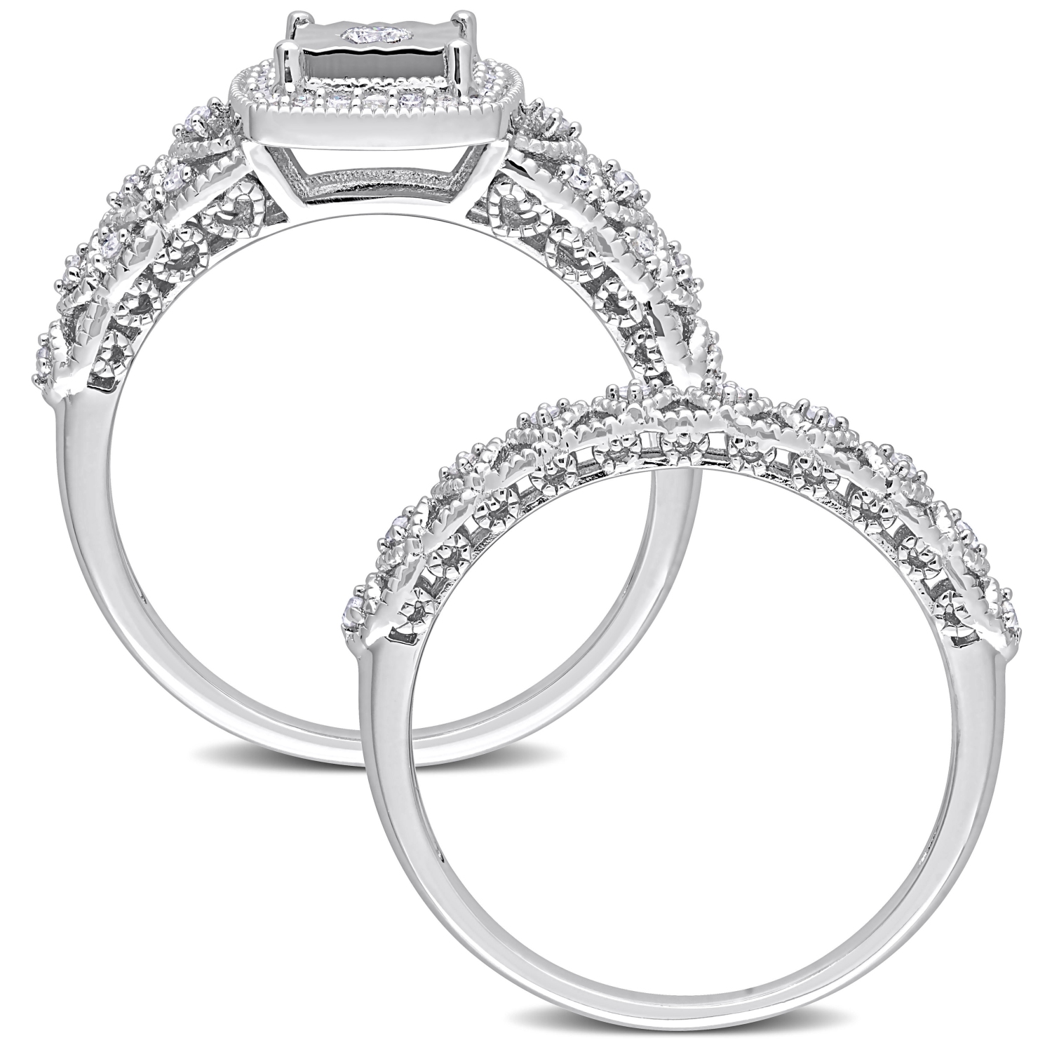 Amour 1/3 CT TW Diamond Halo Bridal Ring Set Silver - Size 6