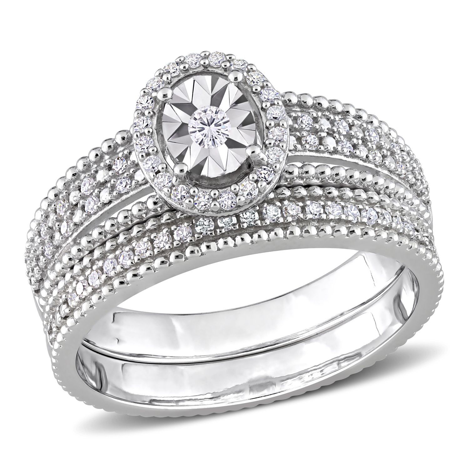 Amour 1/3 CT TW Diamond Halo Bridal Set Silver - Size 7