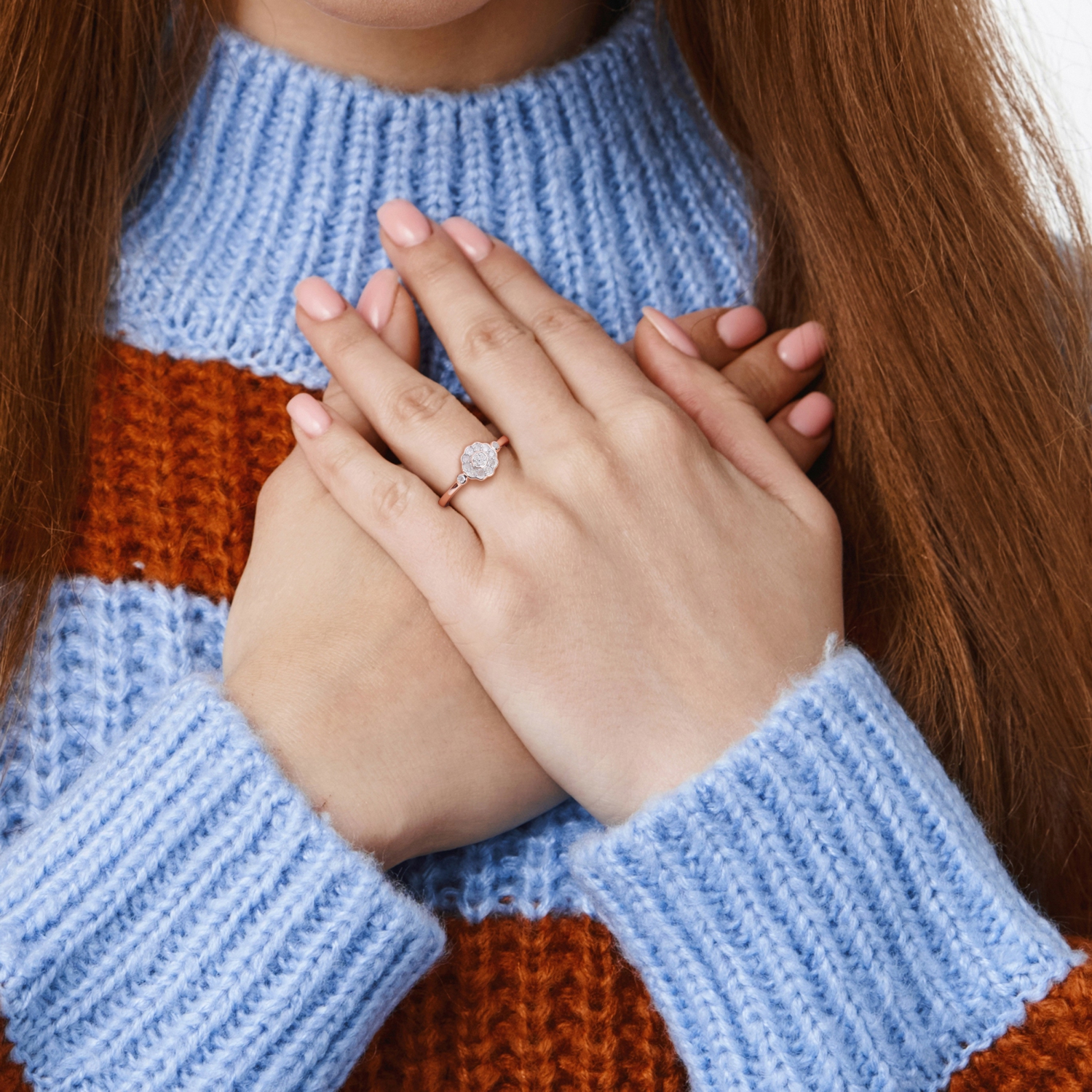 Amour 1/5 CT TW Diamond Flower Ring Pink Silver - Size 7