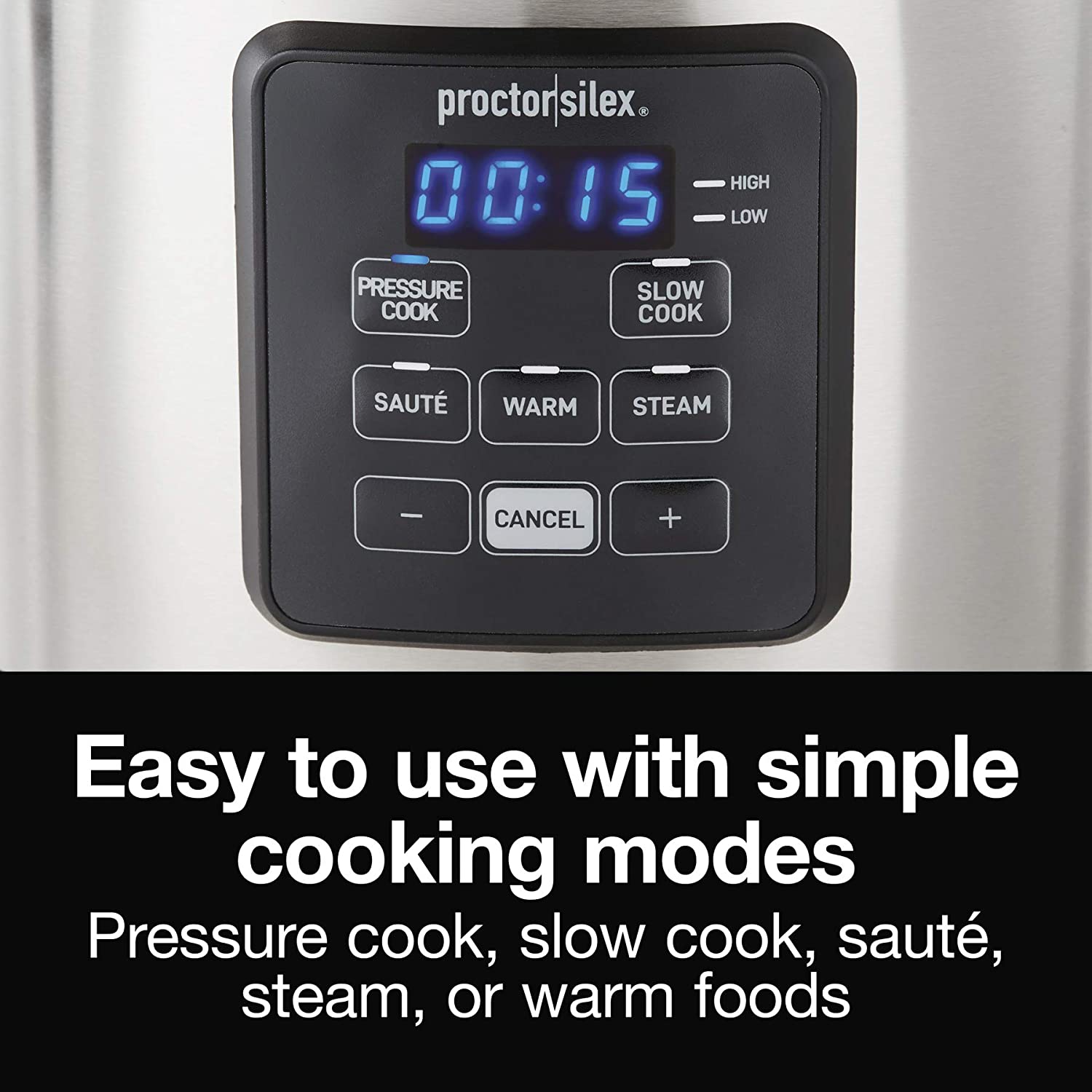 Proctor-Silex Simplicity Autocuiseur électrique 4 en 1, 3 pintes multifonction avec cuisson lente, vapeur, sauté, riz, acier inoxydable