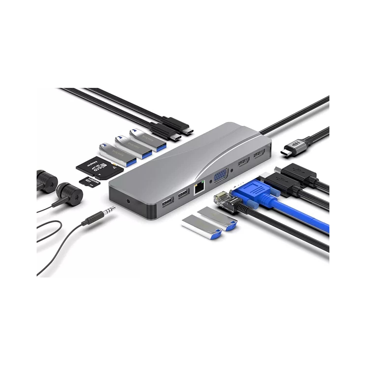 Concentrateur USB-C 14-en-1, clé USB-C avec 2 ports HDMI, VGA, 5 ports USB, PD, fente pour carte TF/SD, Port LAN RJ45, port audio de 3,5 mm, 1 port