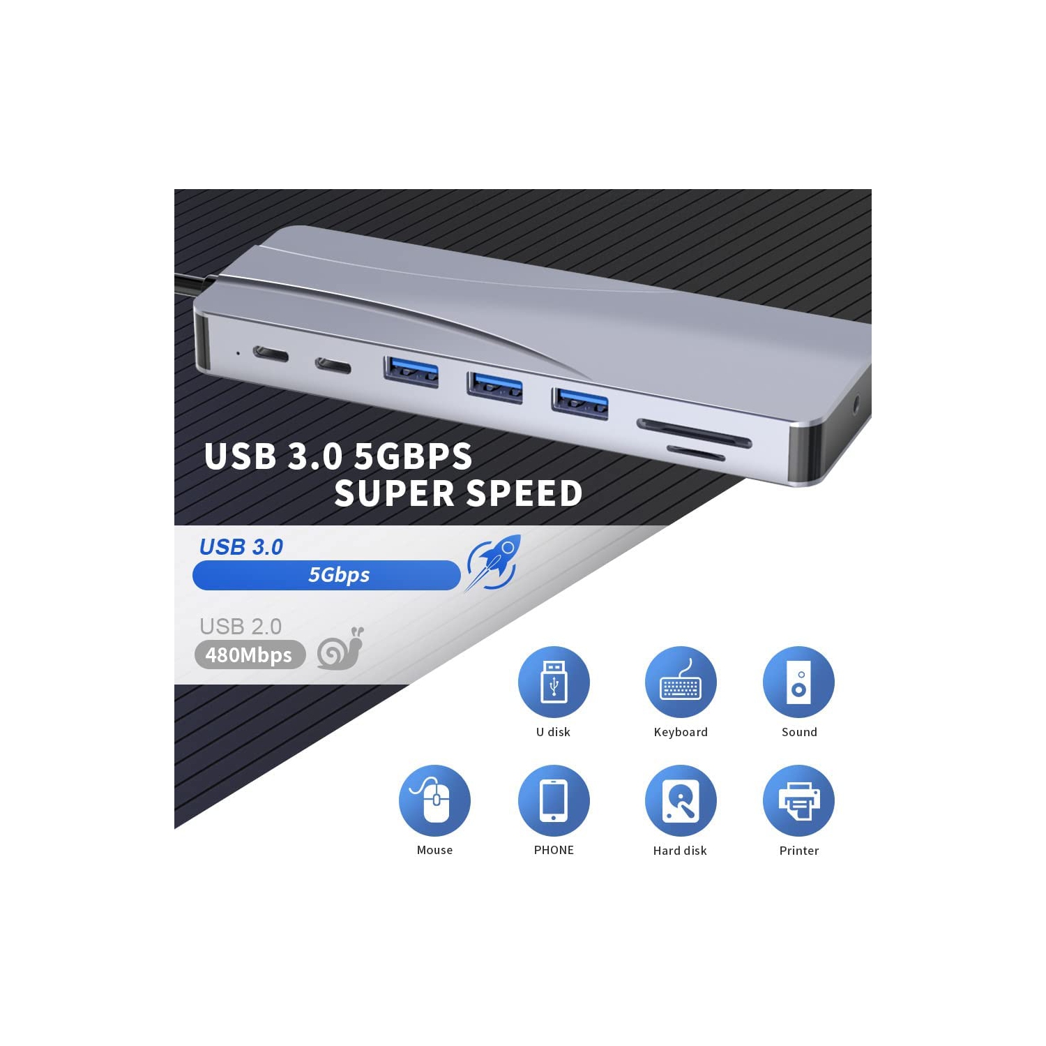 Concentrateur USB-C 14-en-1, clé USB-C avec 2 ports HDMI, VGA, 5 ports USB, PD, fente pour carte TF/SD, Port LAN RJ45, port audio de 3,5 mm, 1 port