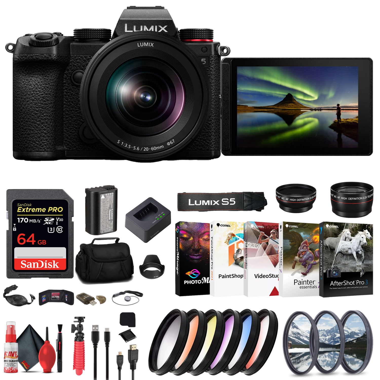 Panasonic Lumix S5 Mirrorless Camera with 20-60mm Lens + 64GB Memory Card Graphic Bundle