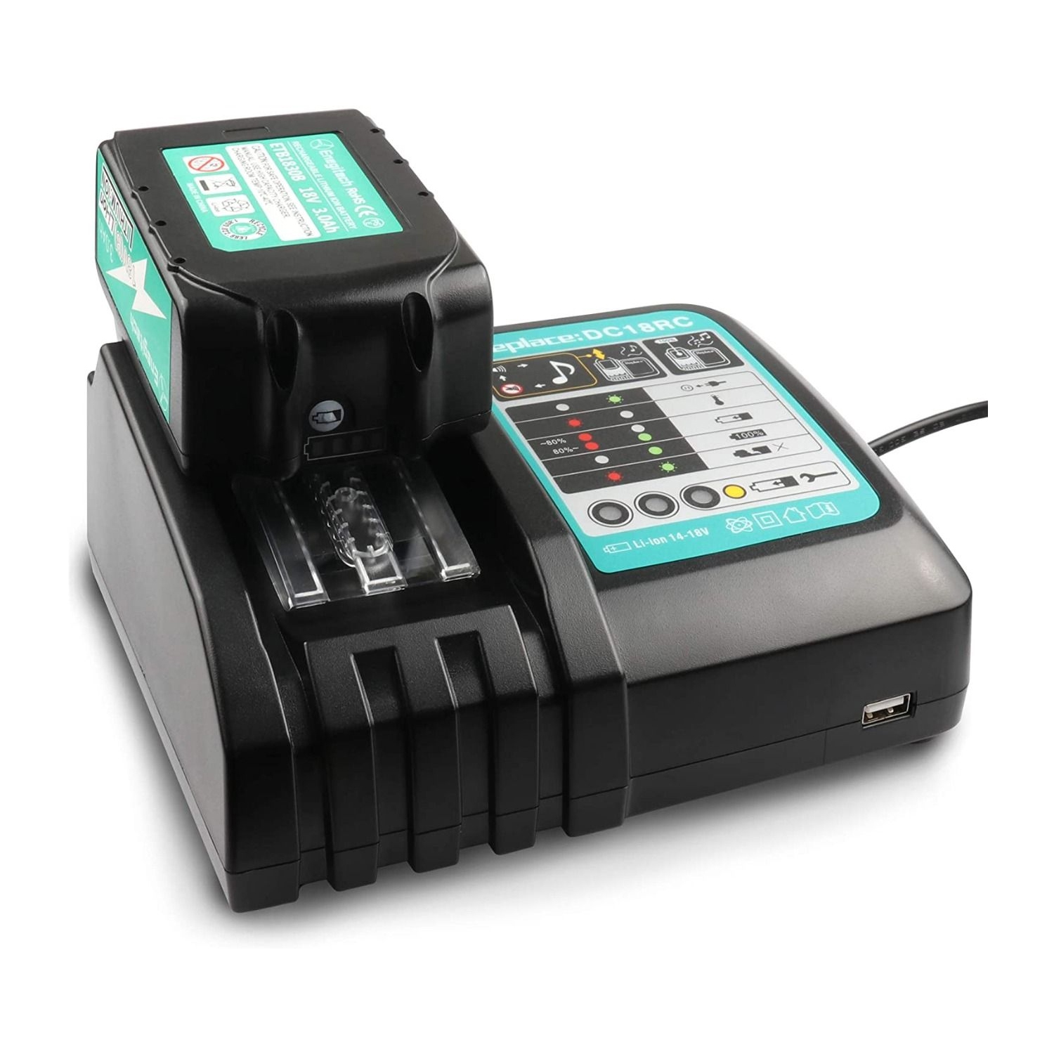 DC18RC 18&nbsp;V Chargeur de batterie de rechange pour Makita 18&nbsp;V Lithium ion LED compatible avec Makita 14,4&nbsp;V - 18&nbsp;V