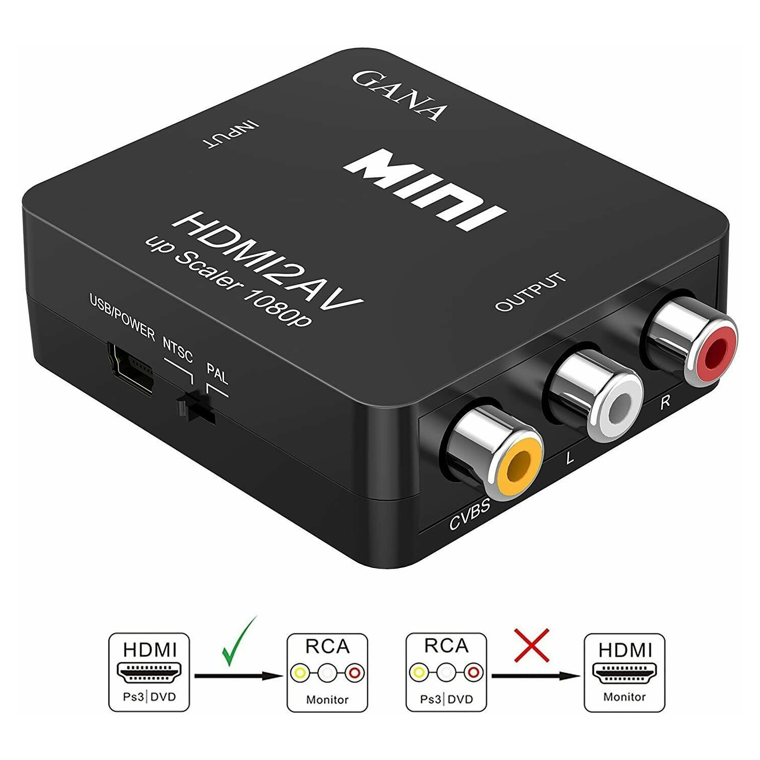 HDMI to AV Converter 1080p HDMI to 3RCA /AV/CVBS Composite Video Audio Adapter Supporting PAL/NTSC with USB Charge Cable for TV/VHS/PC/Laptop/Xbox/HDTV/DVD recorders (Black)