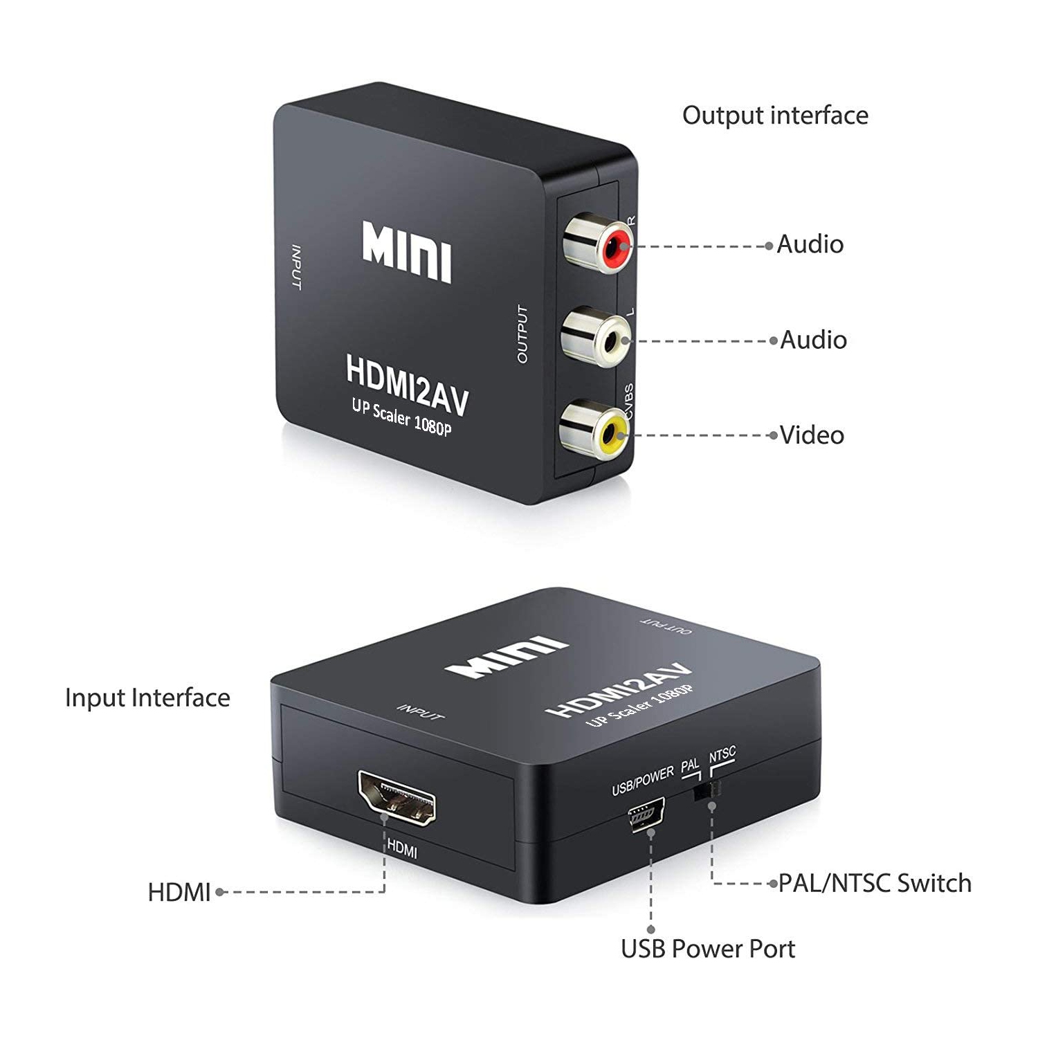 HDMI to AV Converter 1080p HDMI to 3RCA /AV/CVBS Composite Video Audio Adapter Supporting PAL/NTSC with USB Charge Cable for