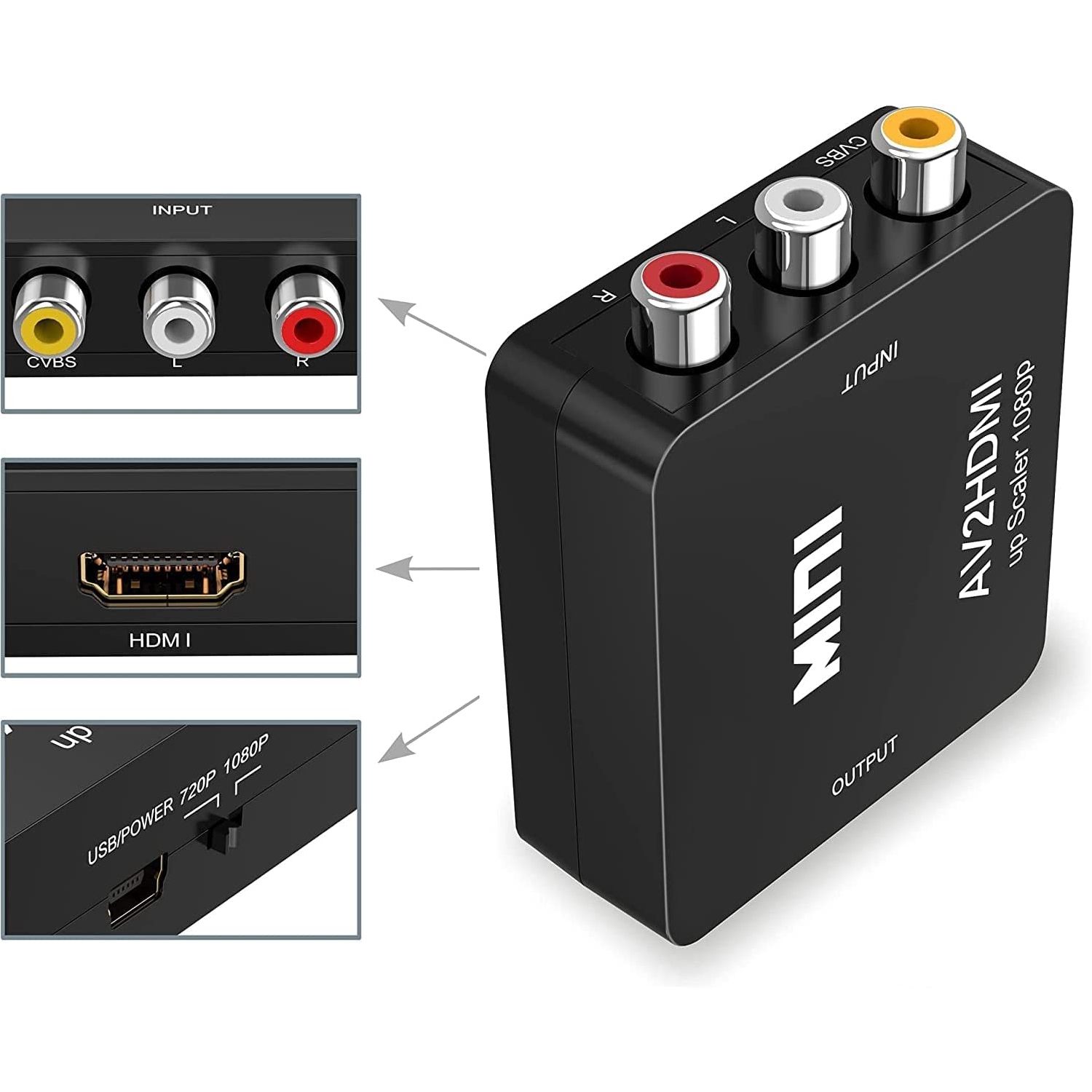 Adaptateur convertisseur RCA à HDMI, convertisseur audio vidéo composite 1080P AV vers HDMI RCA CVBS, adaptateur mini AV2HDMI prenant en charge