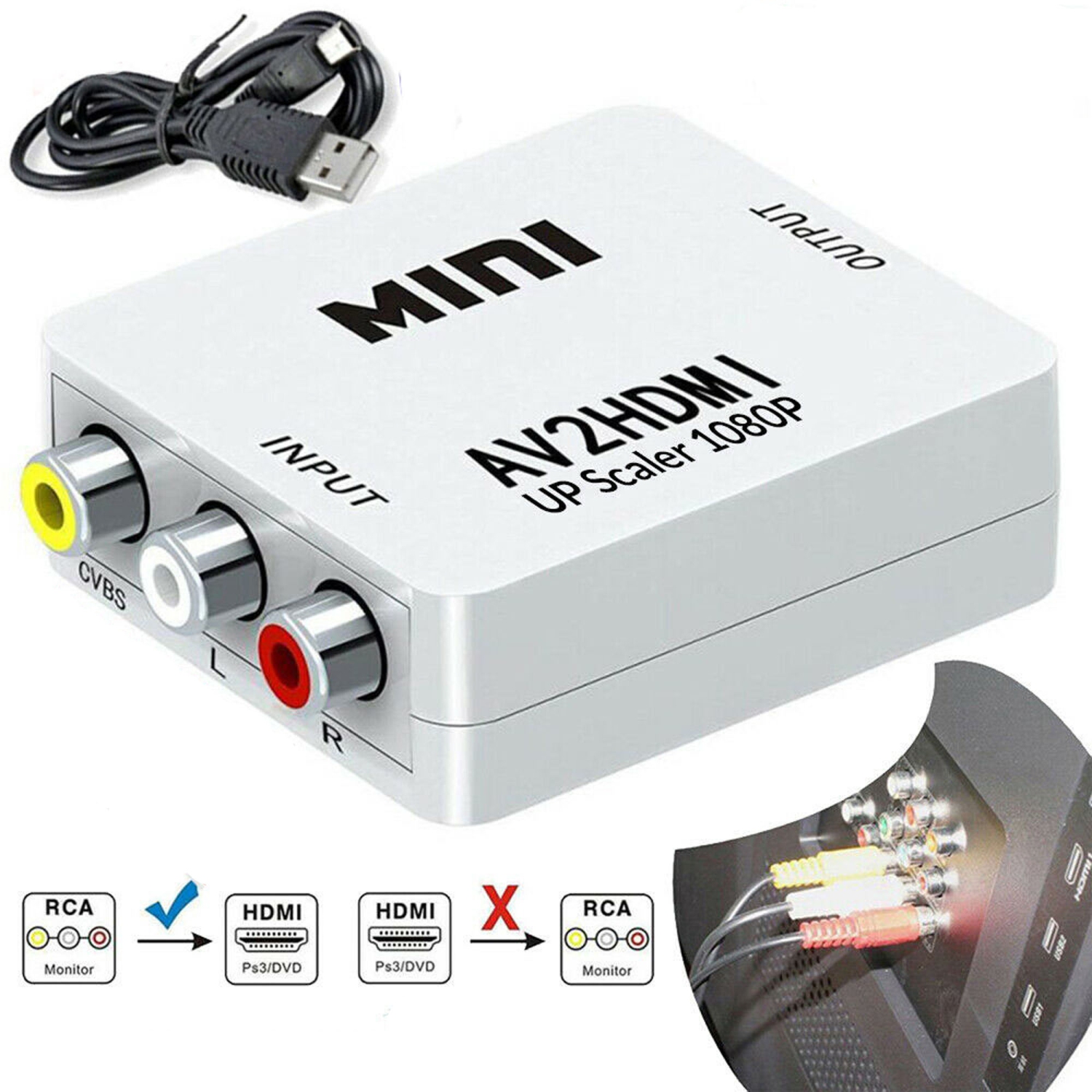 Convertisseur RCA à HDMI, convertisseur audio vidéo composite CVBS 1080p AV vers HDMI, adaptateur mini AV2HDMI prenant en charge PAL/NTSC pour