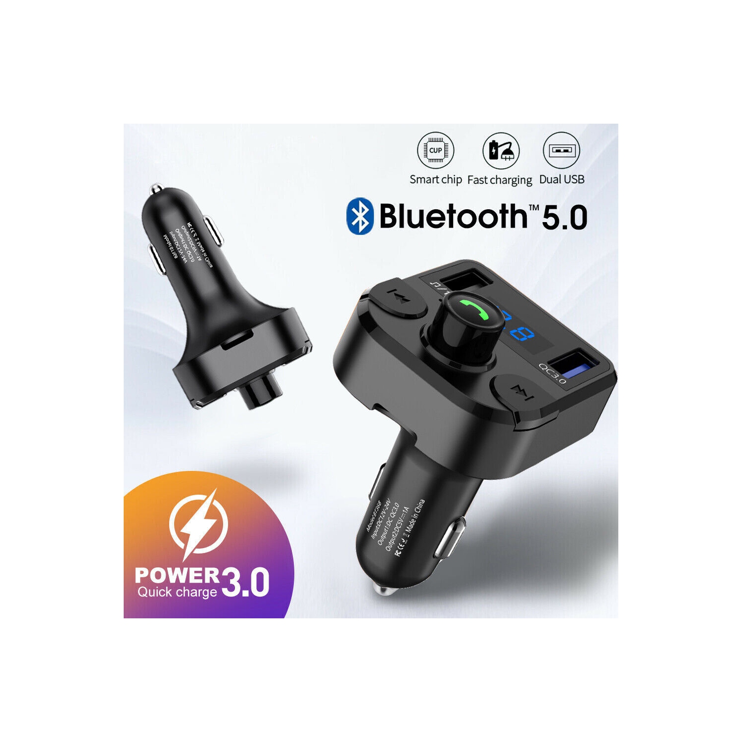 V5.0 Bluetooth FM Transmitter, QC3.0 Dual USB Port Handsfree Call Car Charger CA