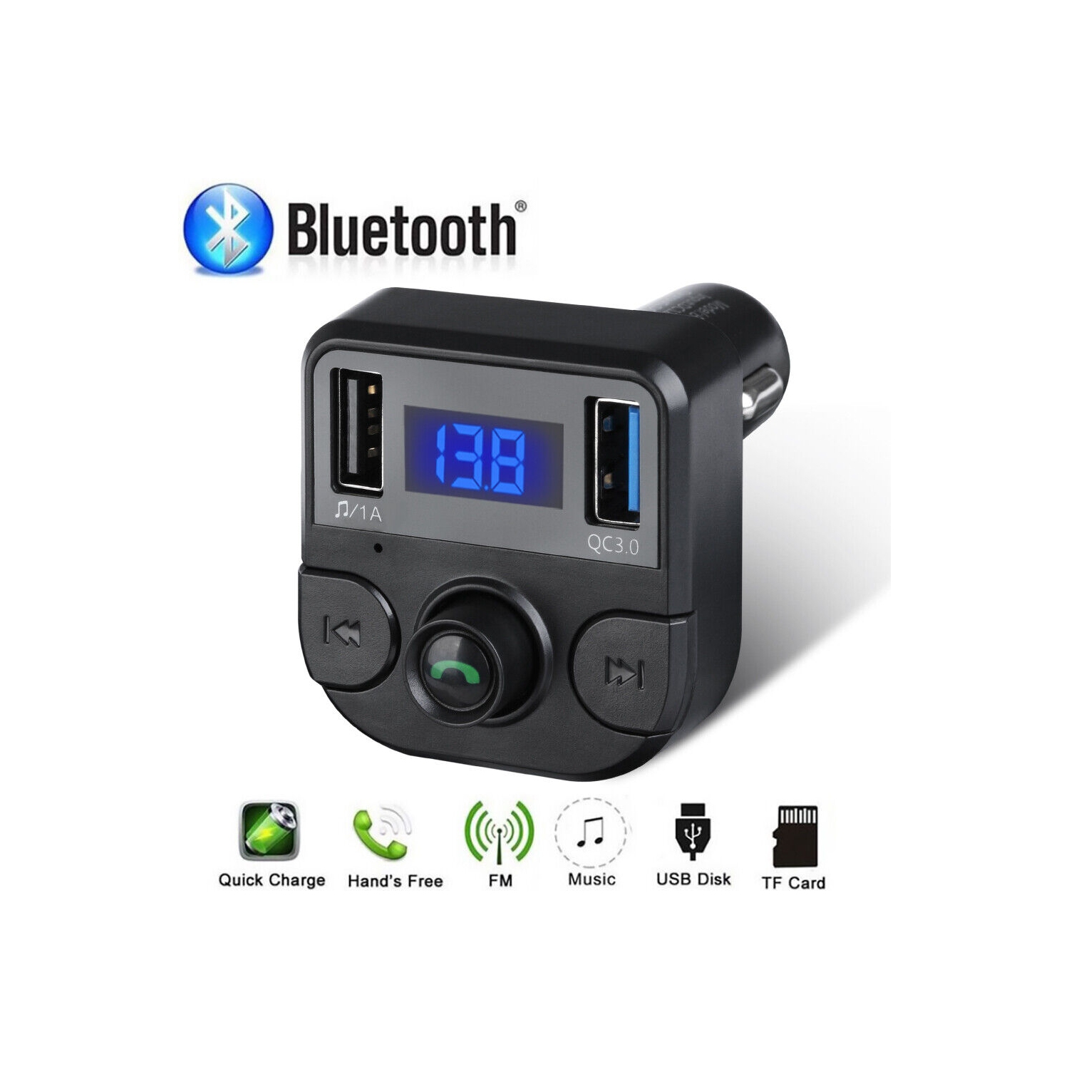 V5.0 Bluetooth FM Transmitter, QC3.0 Dual USB Port Handsfree Call Car Charger CA