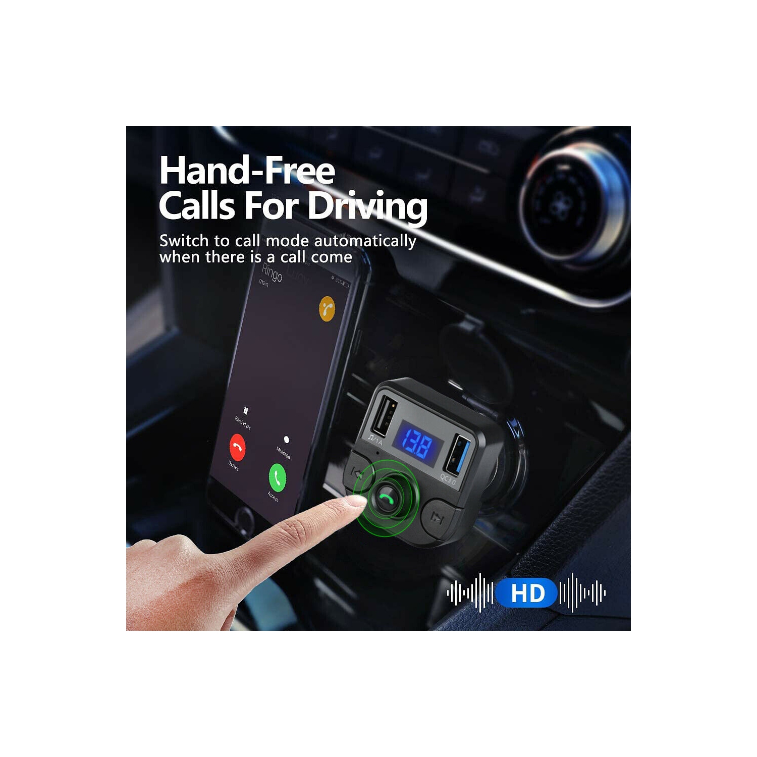 V5.0 Bluetooth FM Transmitter, QC3.0 Dual USB Port Handsfree Call Car Charger CA