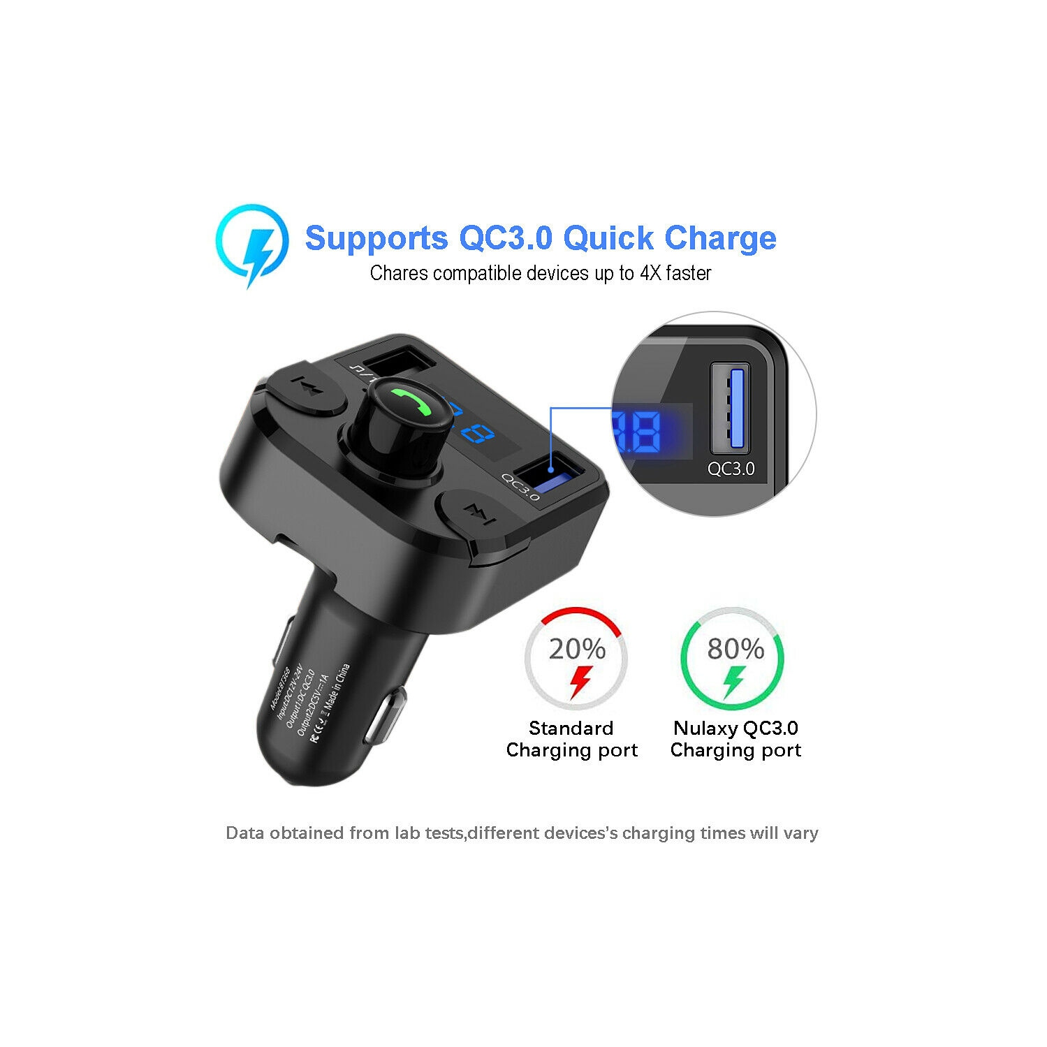 V5.0 Bluetooth FM Transmitter, QC3.0 Dual USB Port Handsfree Call Car Charger CA