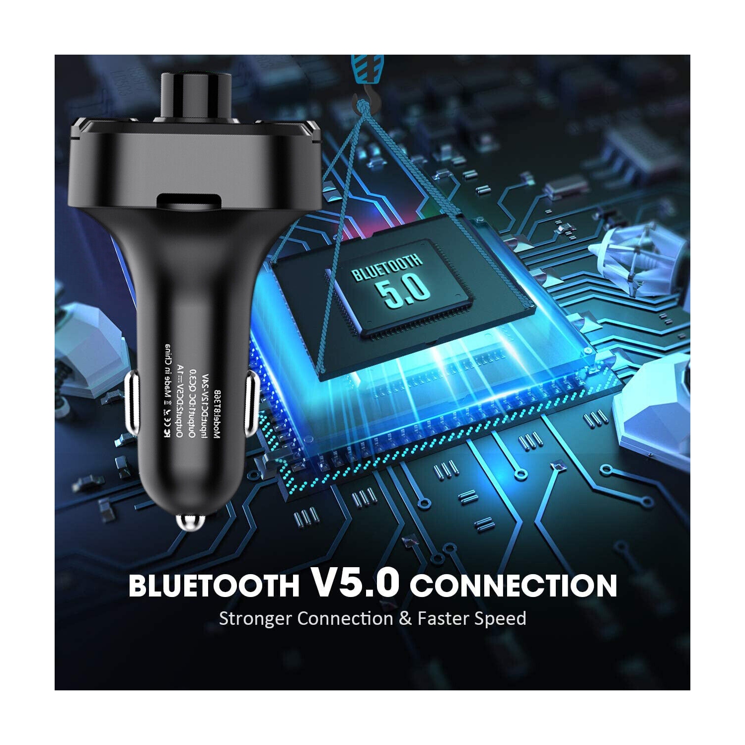 V5.0 Bluetooth FM Transmitter, QC3.0 Dual USB Port Handsfree Call Car Charger CA