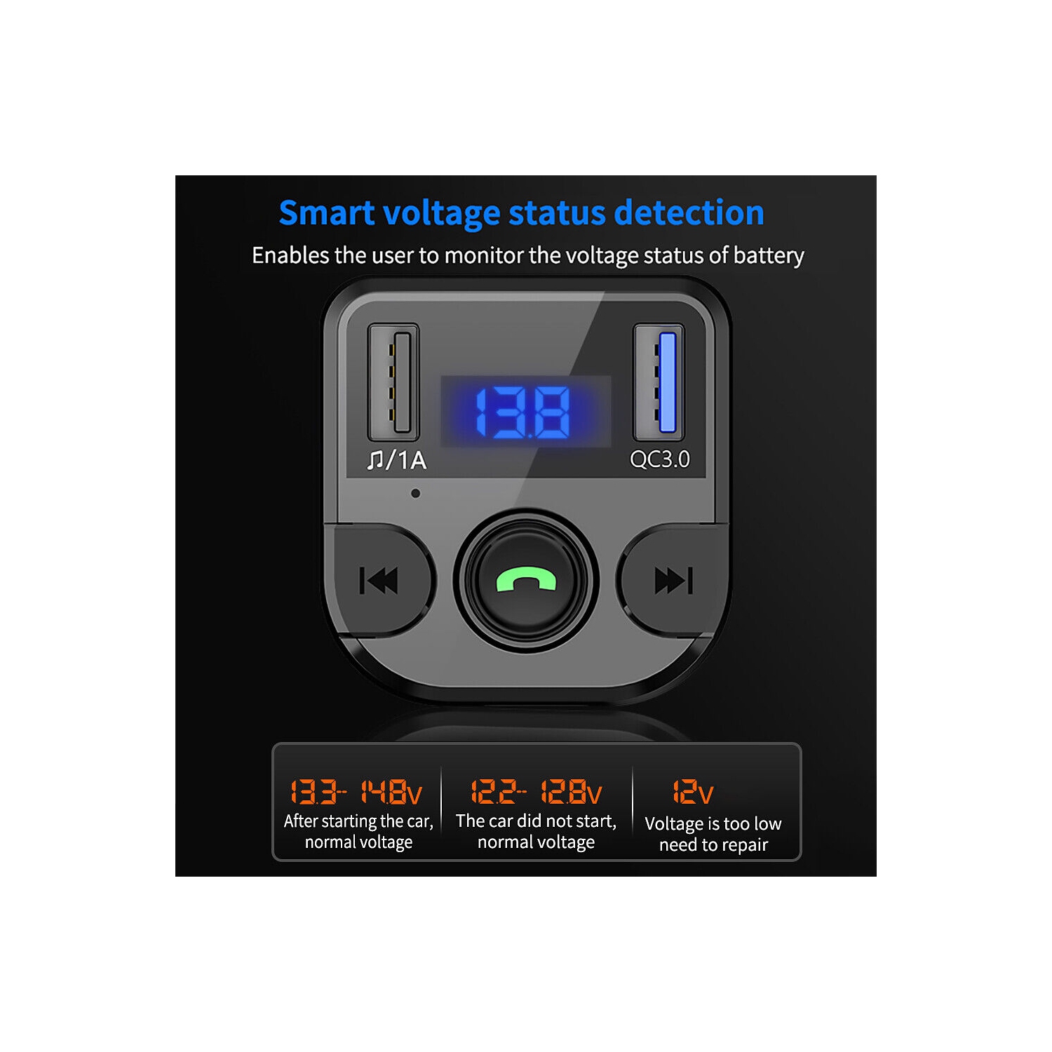 V5.0 Bluetooth FM Transmitter, QC3.0 Dual USB Port Handsfree Call Car Charger CA