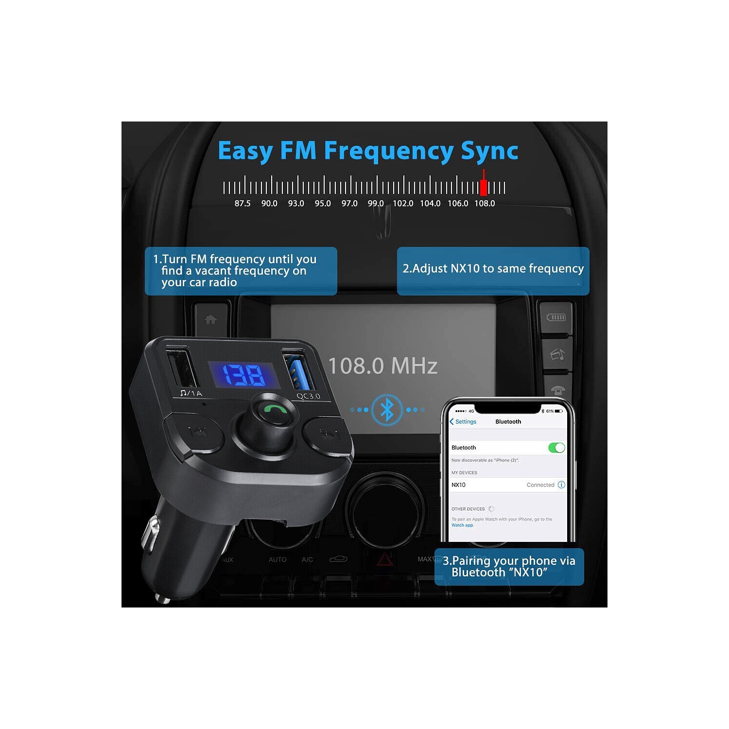 V5.0 Bluetooth FM Transmitter, QC3.0 Dual USB Port Handsfree Call Car Charger CA