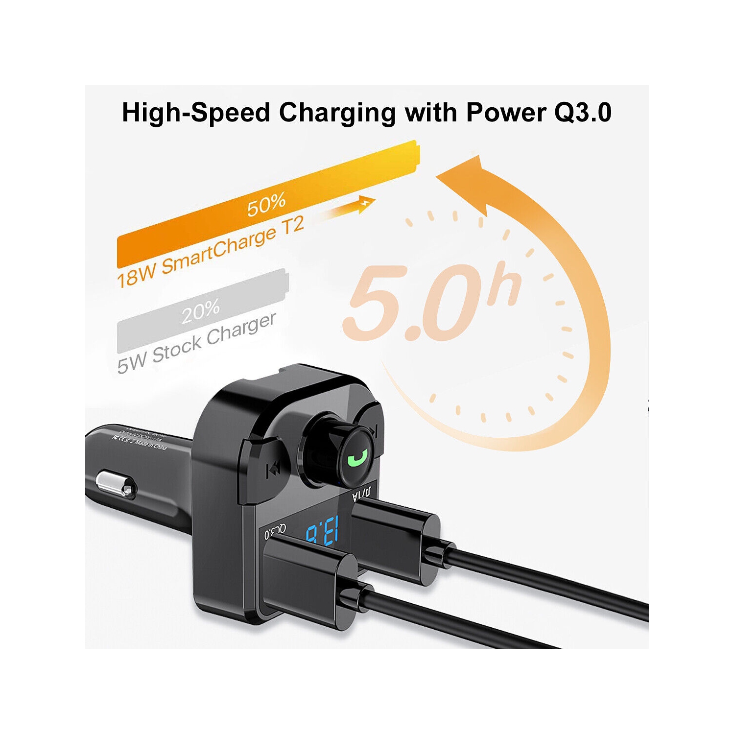 V5.0 Bluetooth FM Transmitter, QC3.0 Dual USB Port Handsfree Call Car Charger CA